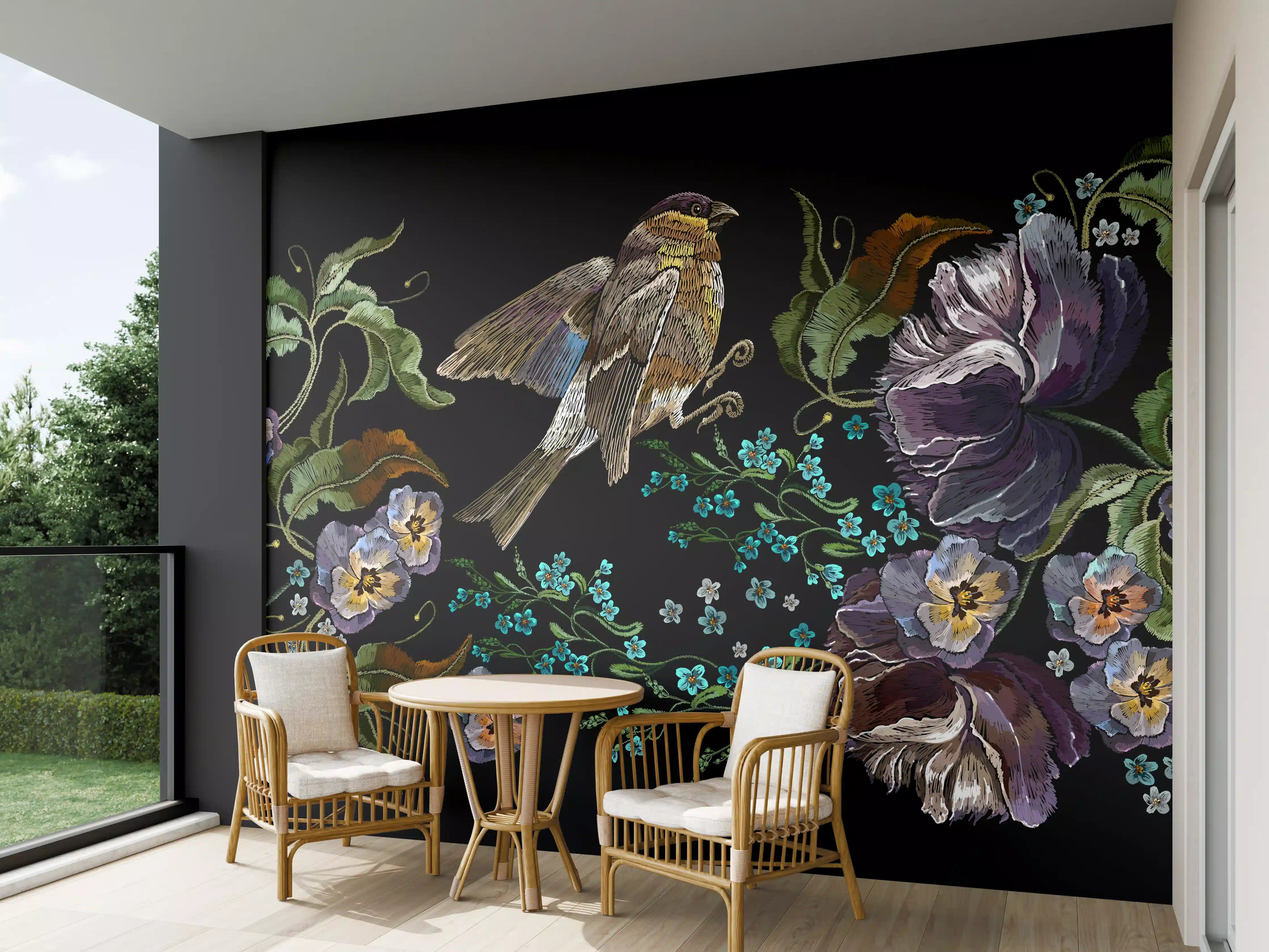 Wandverkleidung außen - Violette Blumen Vogelmuster Stickerei