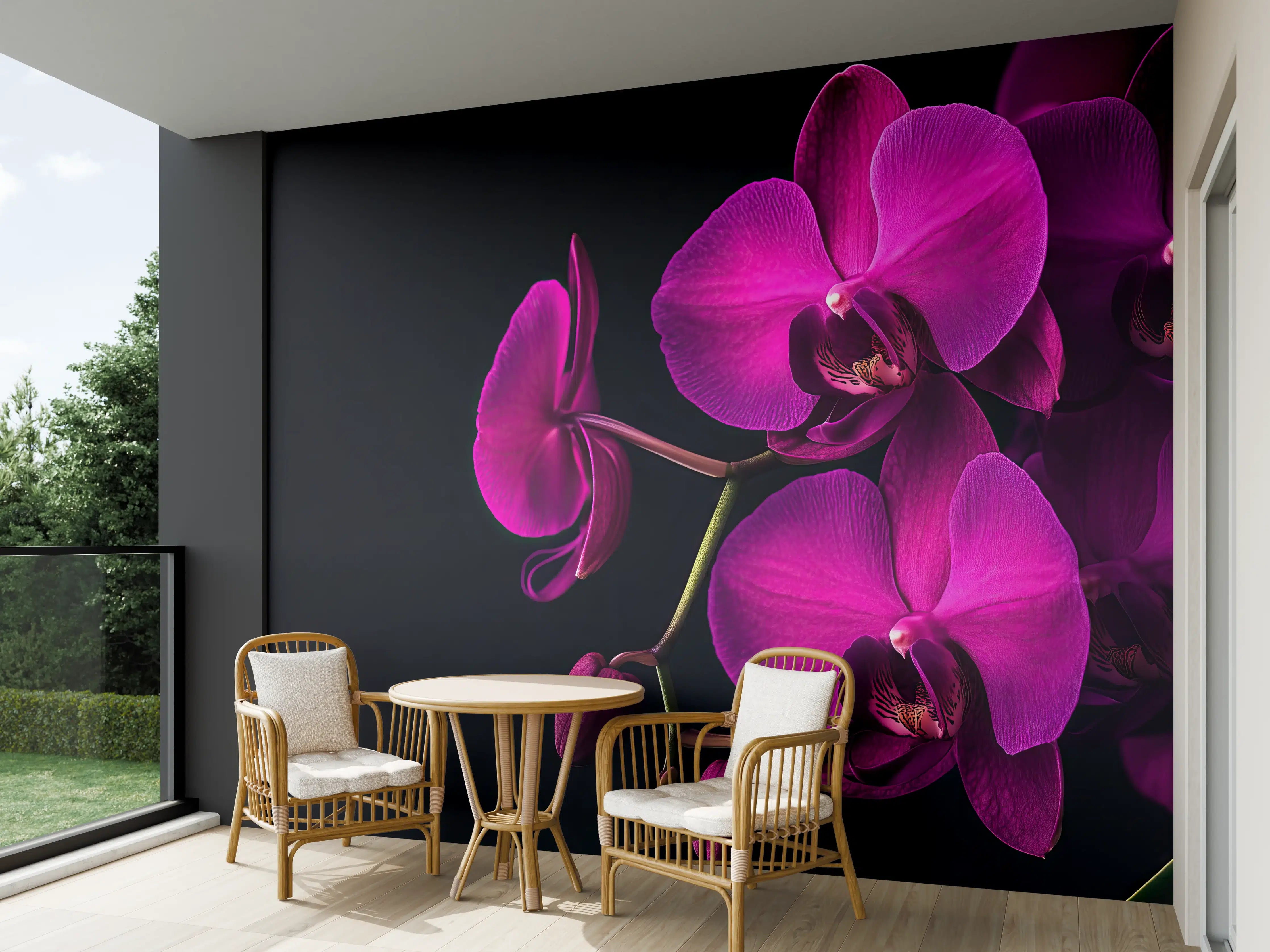 Wandverkleidung außen - Violette Orchideen auf Schwarz