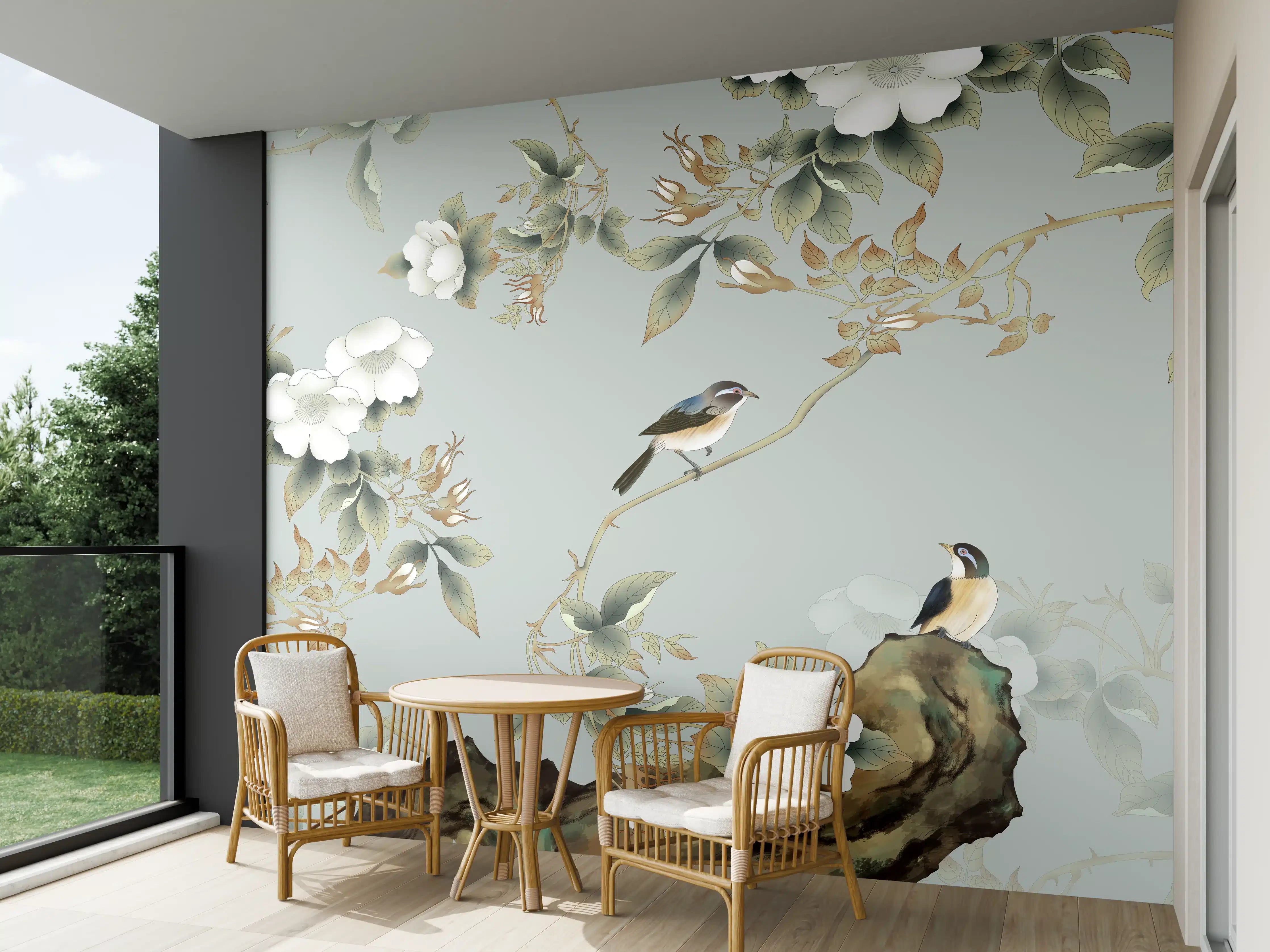 Wandverkleidung außen - Vögel Natur Illustration auf grauem Hintergrund