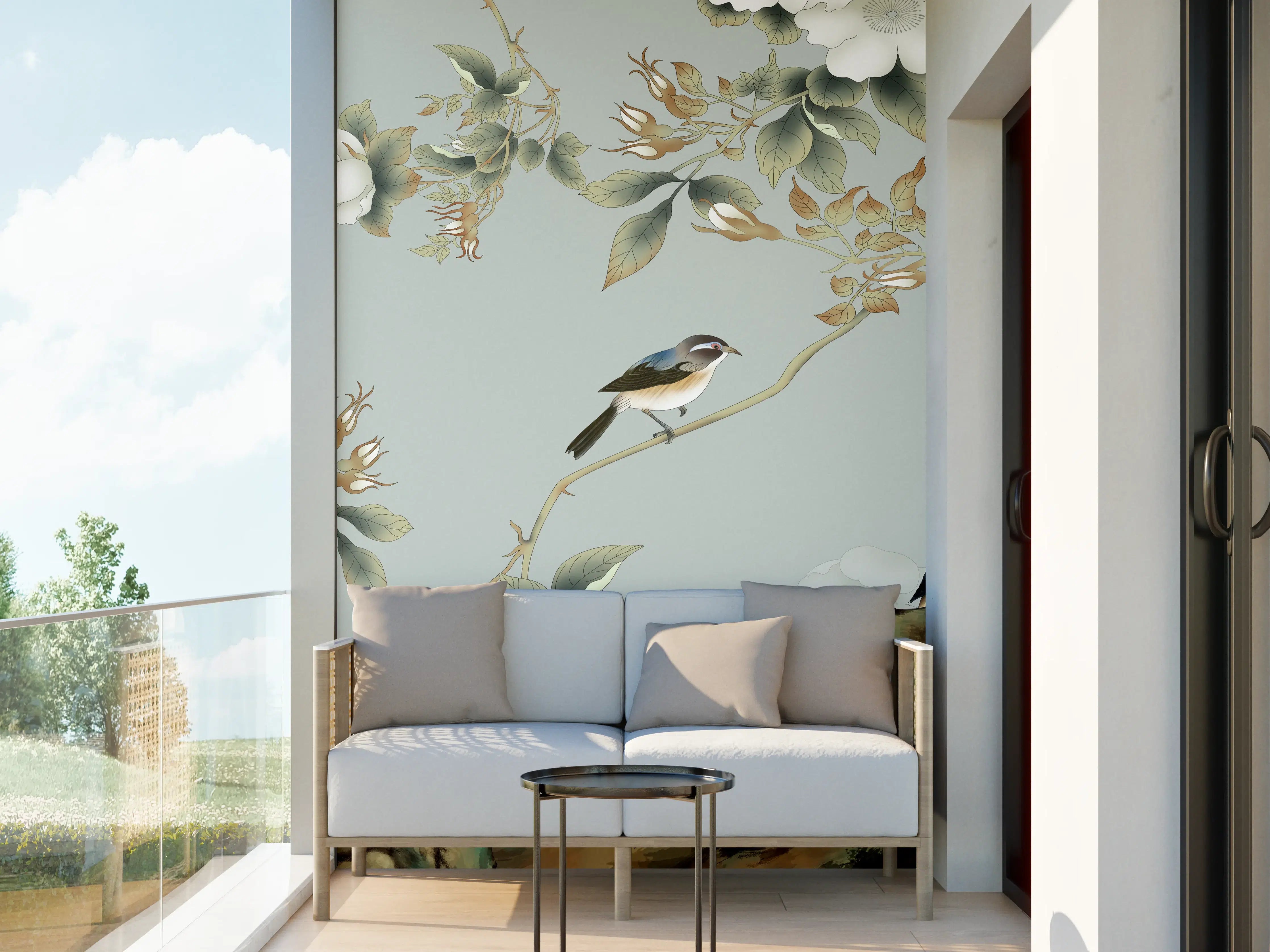 Wandverkleidung außen - Vögel Natur Illustration auf grauem Hintergrund