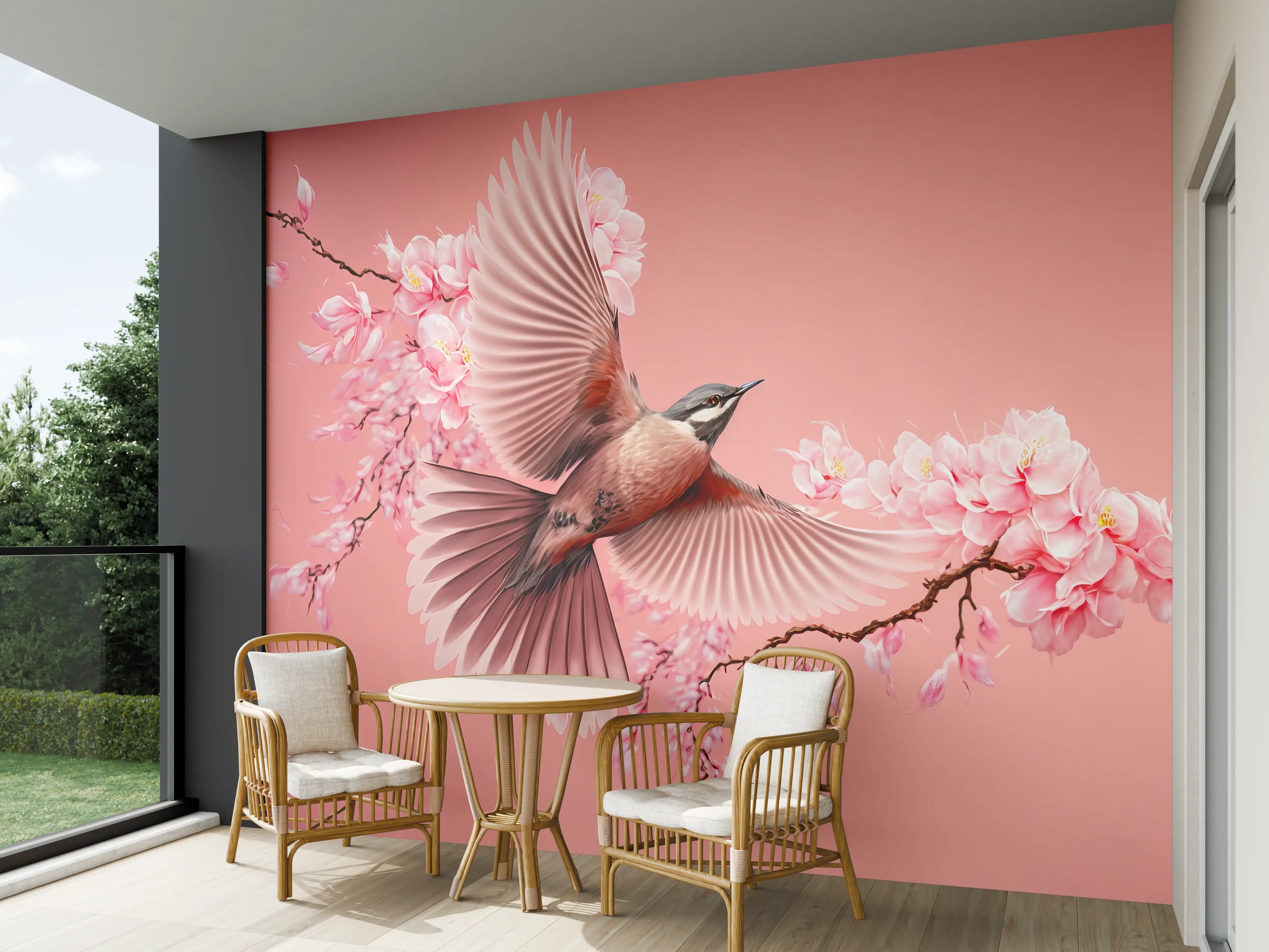 Wandverkleidung außen - Vogel und Kirschblüten Pink