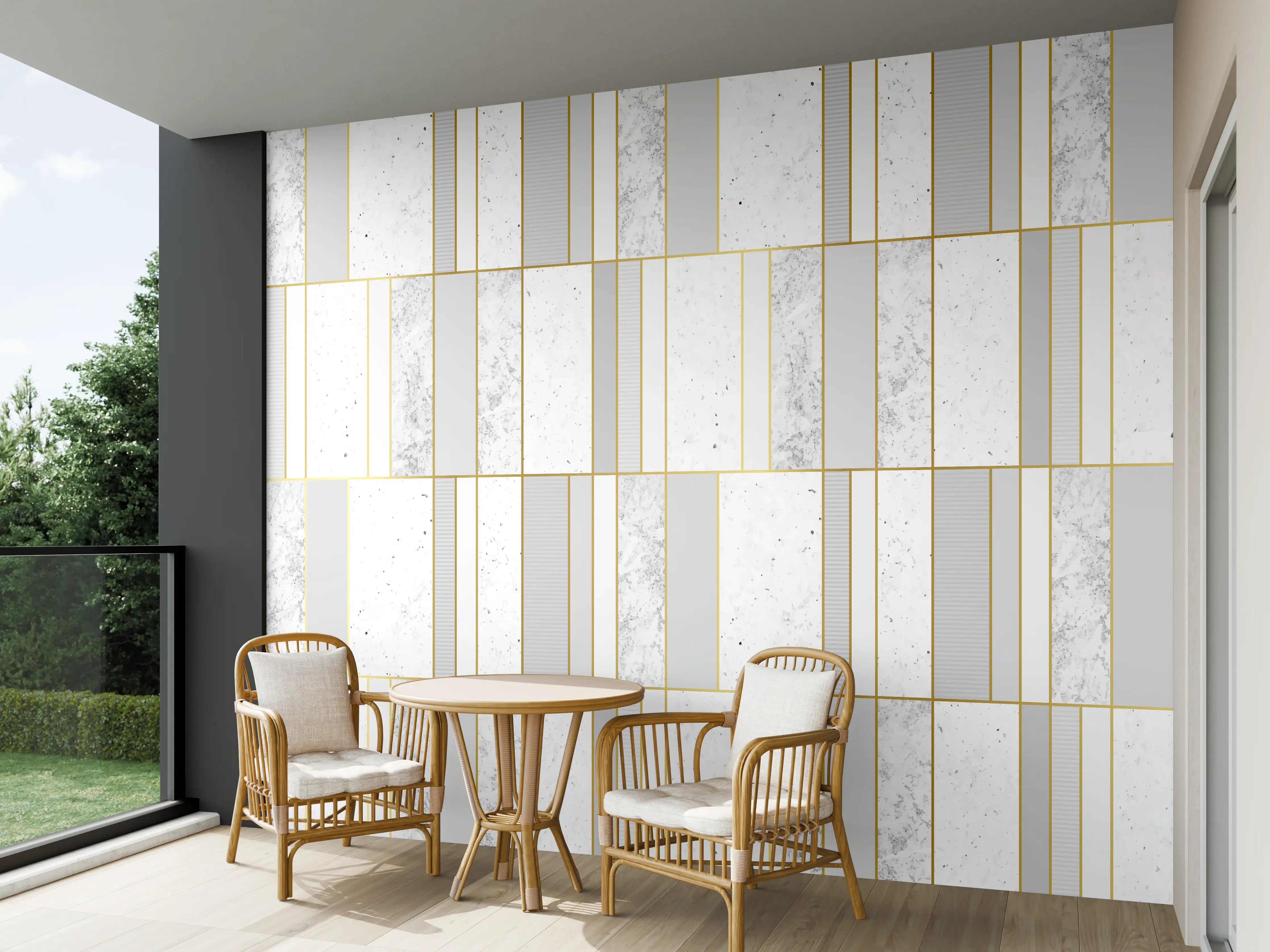 Wandverkleidung außen - Weiß-Goldene Marmoroptik Fliese