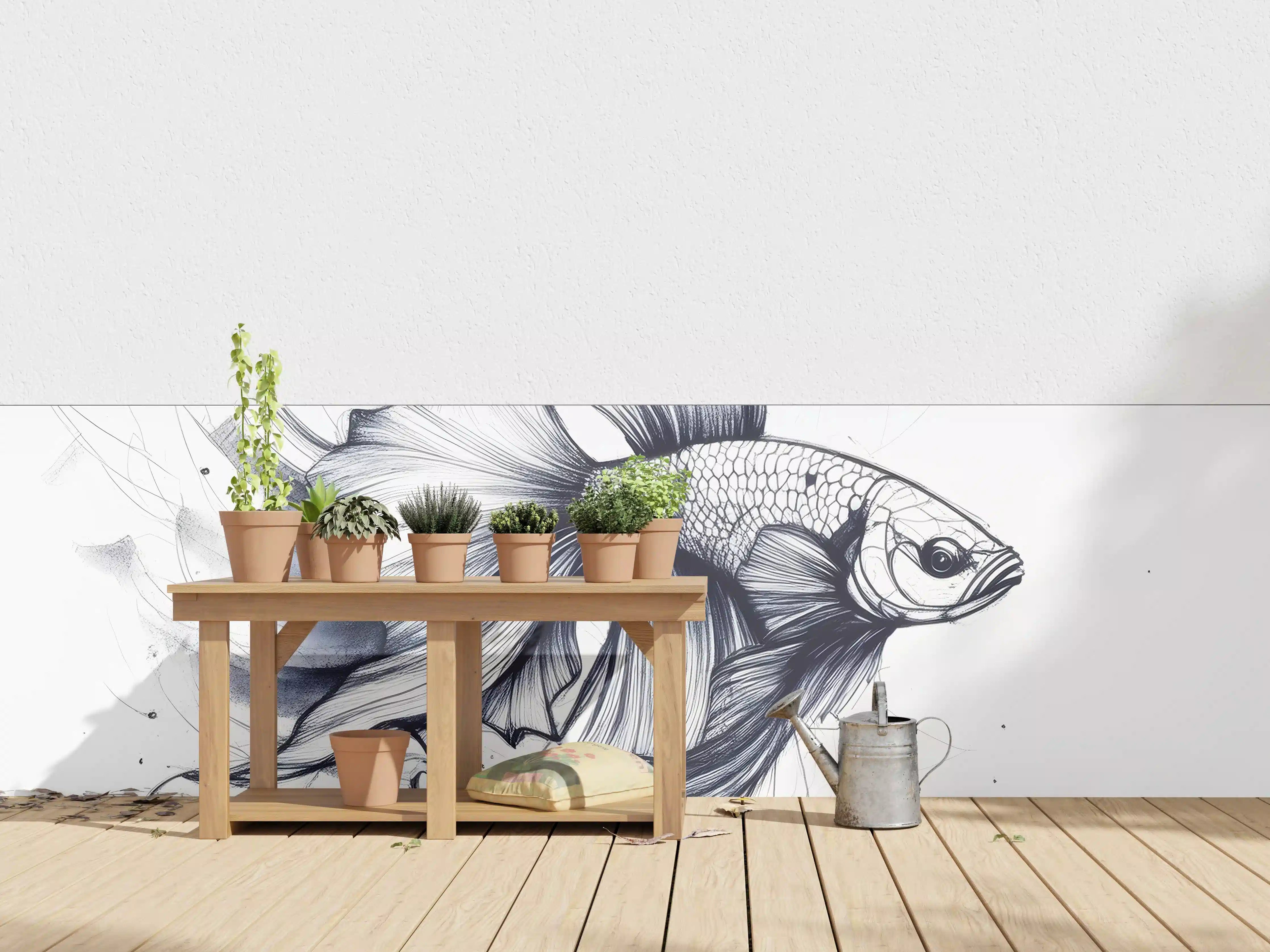Wandverkleidung außen - Weiß-Grau Betta-Fisch Illustration