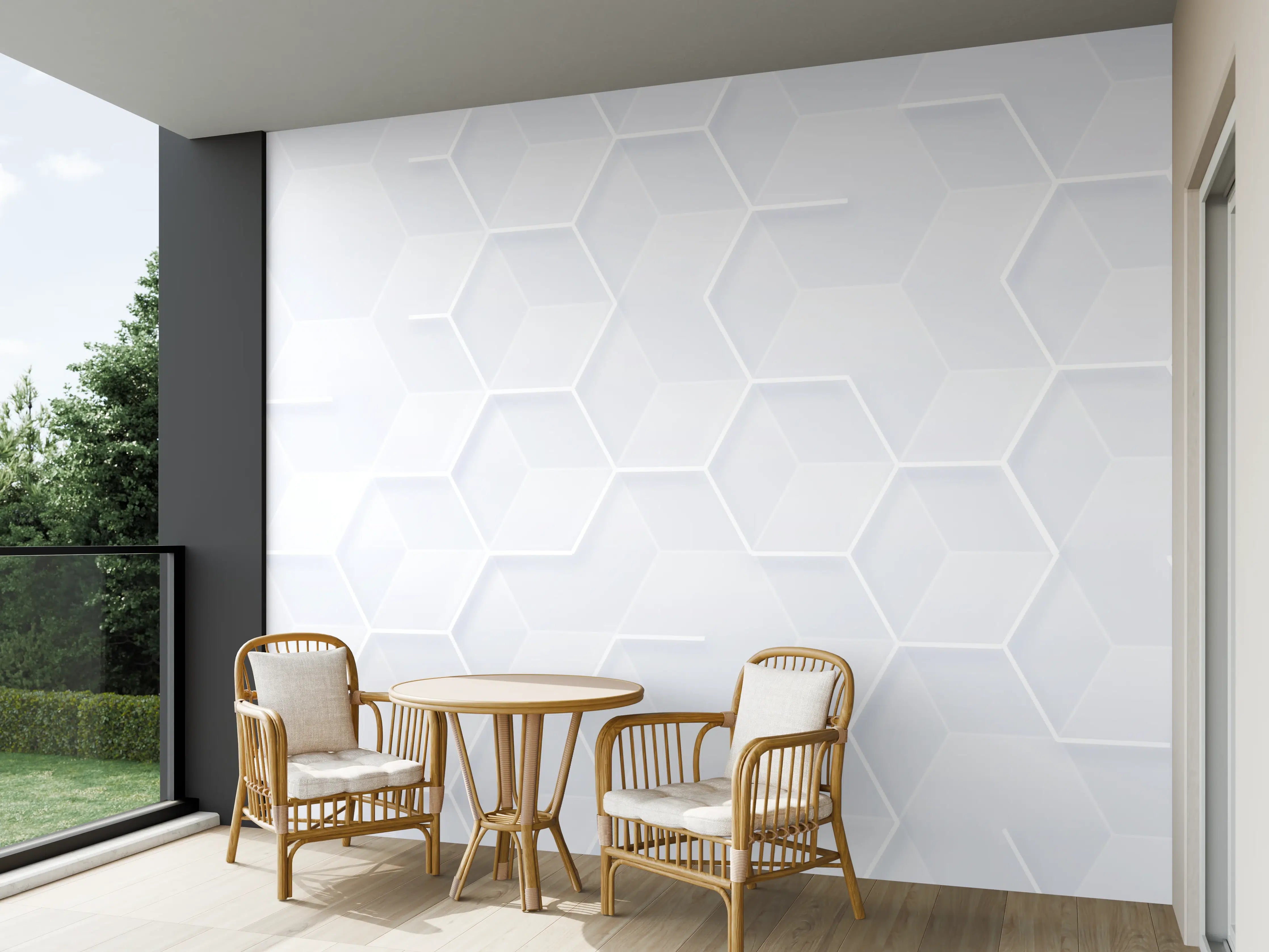 Wandverkleidung außen - Weiße Hexagon-Wandgestaltung mit dezenten Schatten