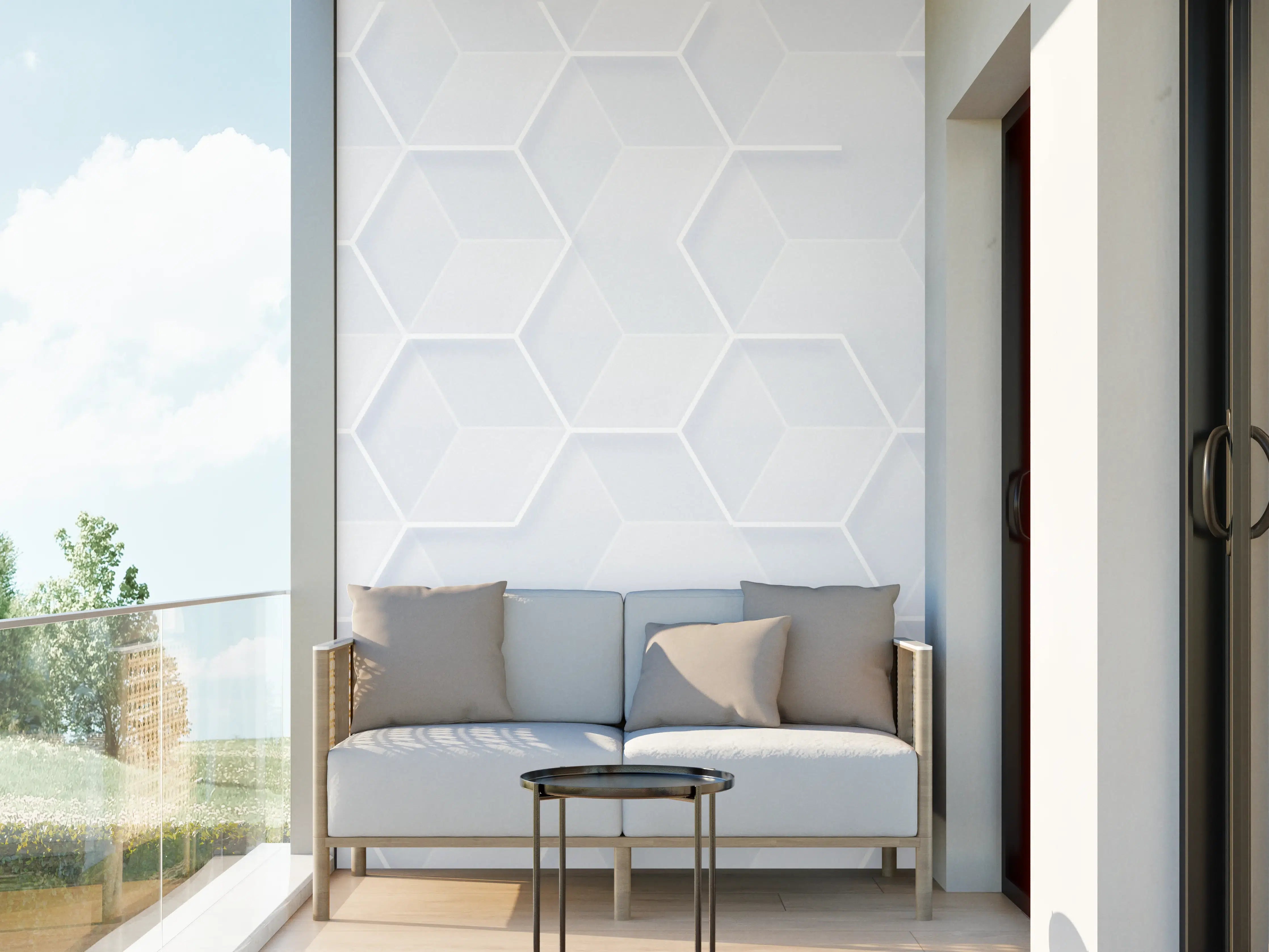 Wandverkleidung außen - Weiße Hexagon-Wandgestaltung mit dezenten Schatten