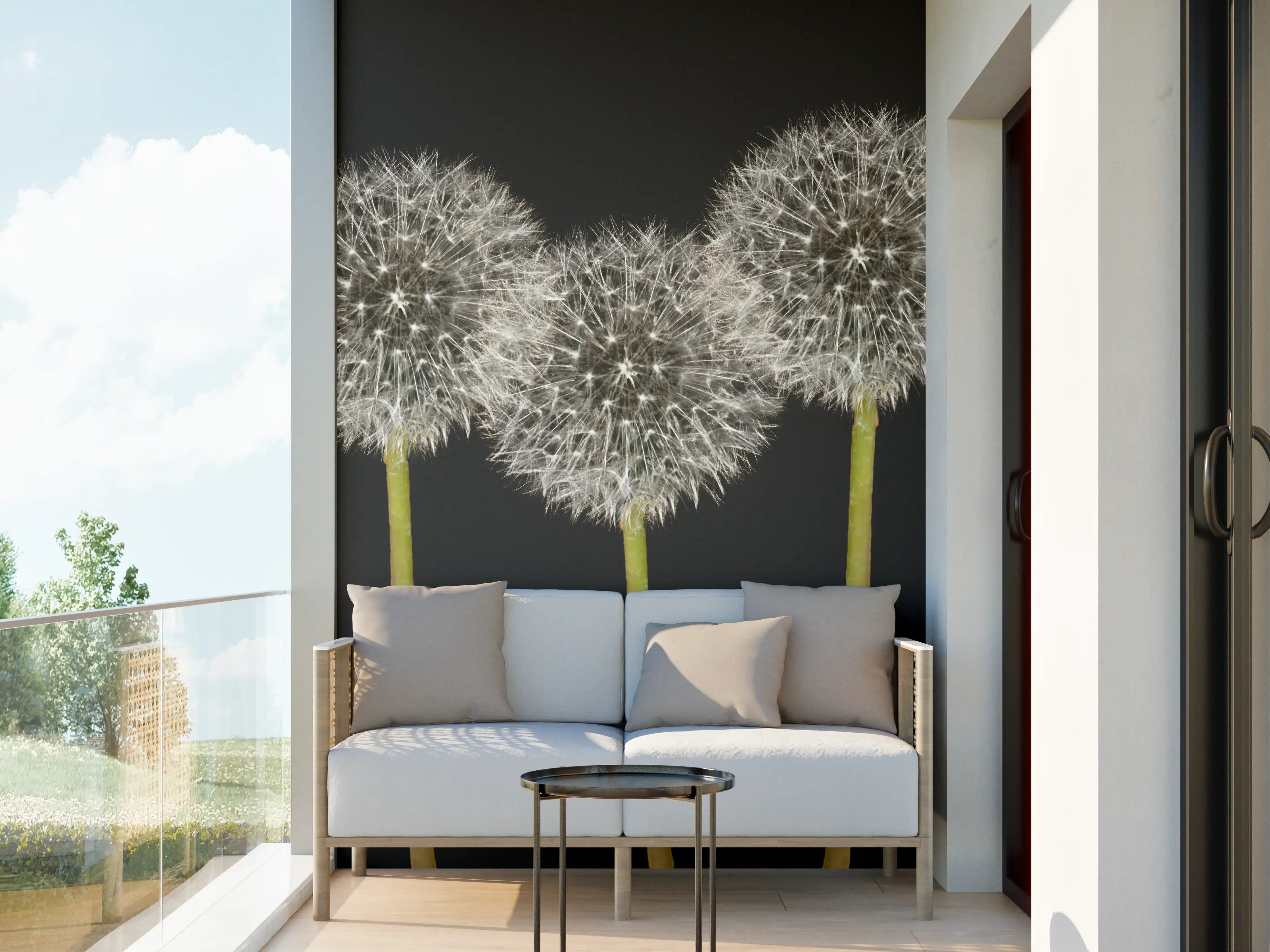 Wandverkleidung außen - Weiße Pusteblumen auf Schwarz