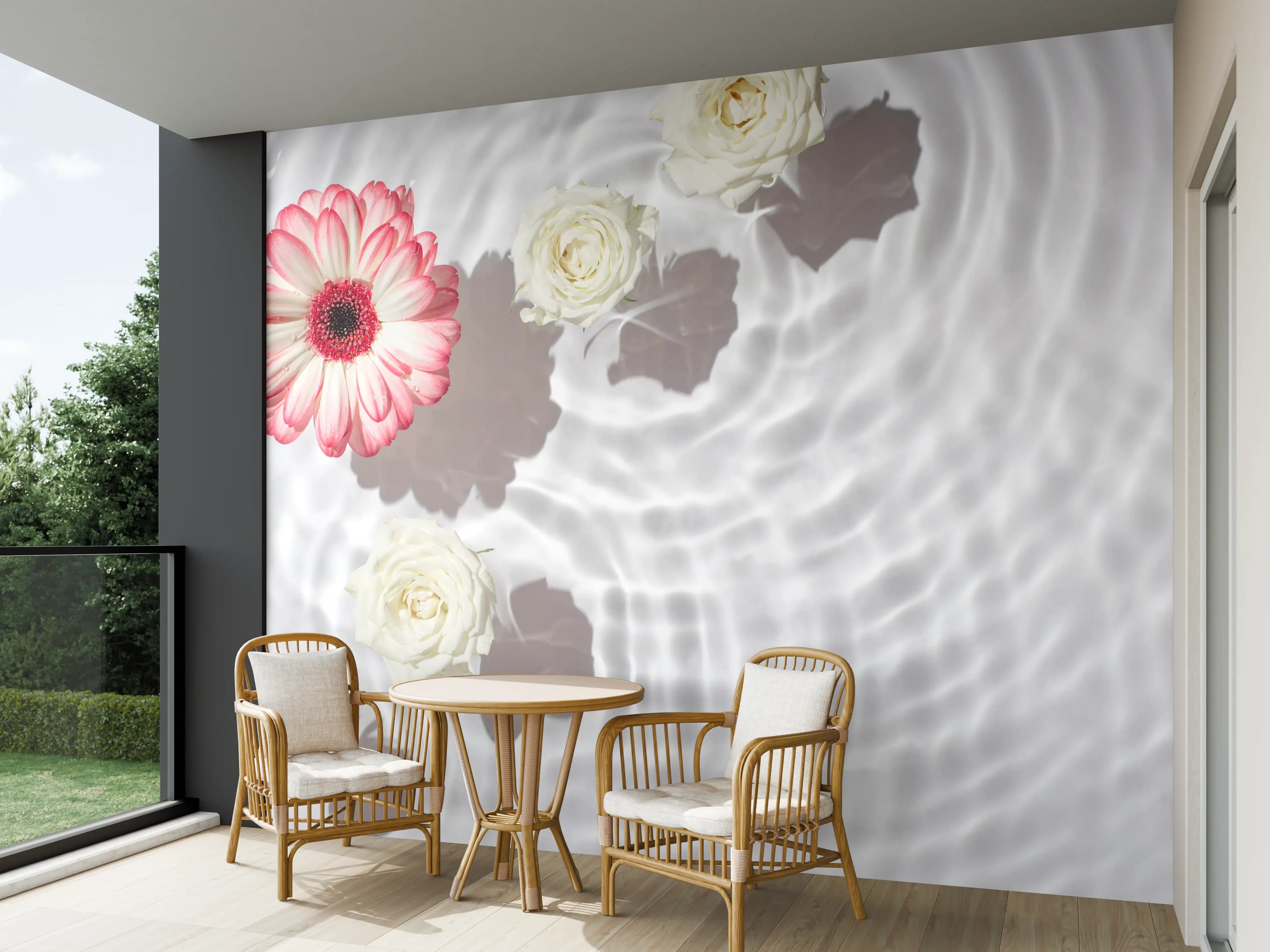 Wandverkleidung außen - Weiße Wasserblumen mit Rosa-Akzent
