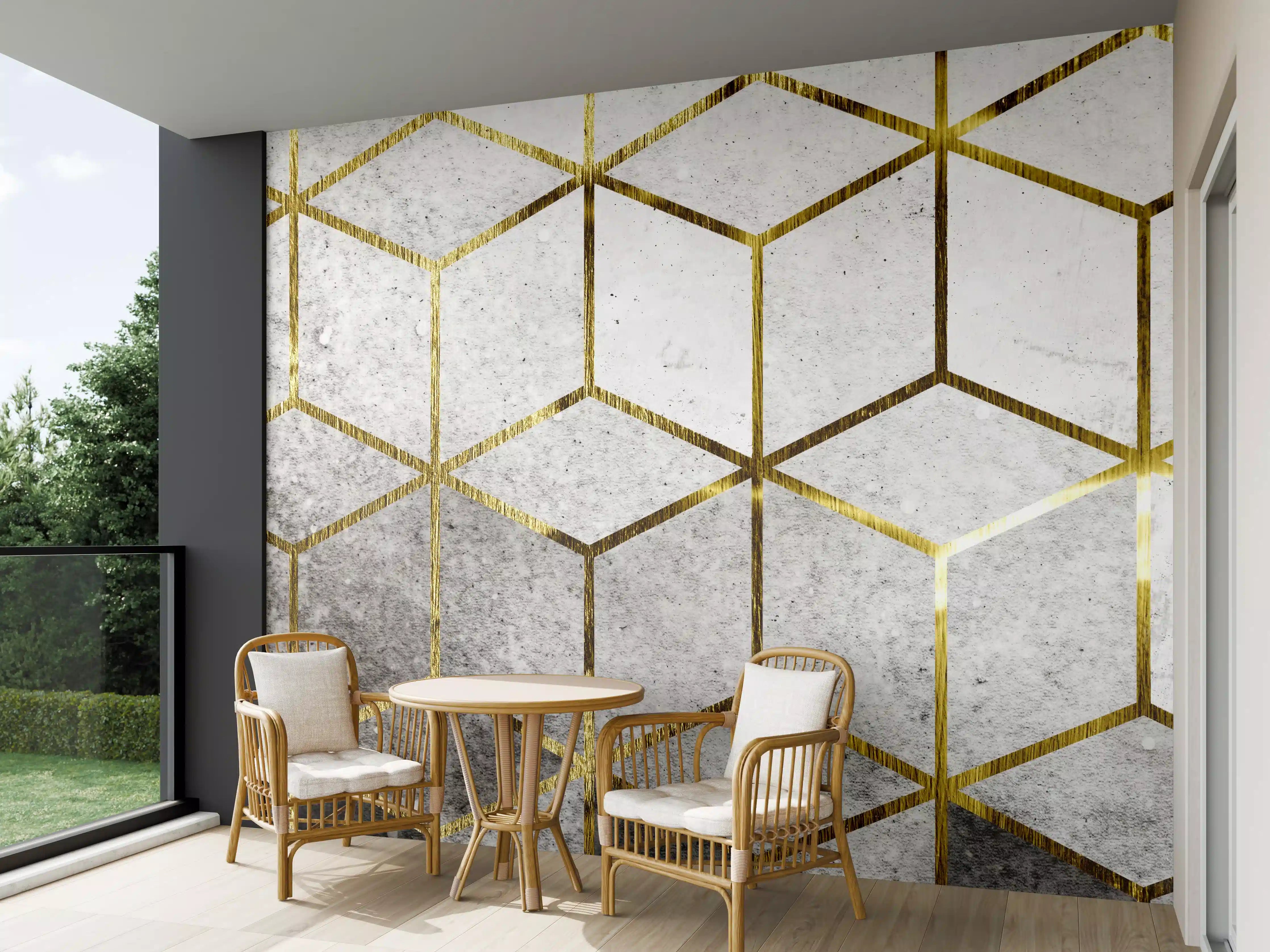 Wandverkleidung außen - Weiße und graue geometrische Marmortextur mit Goldakzenten