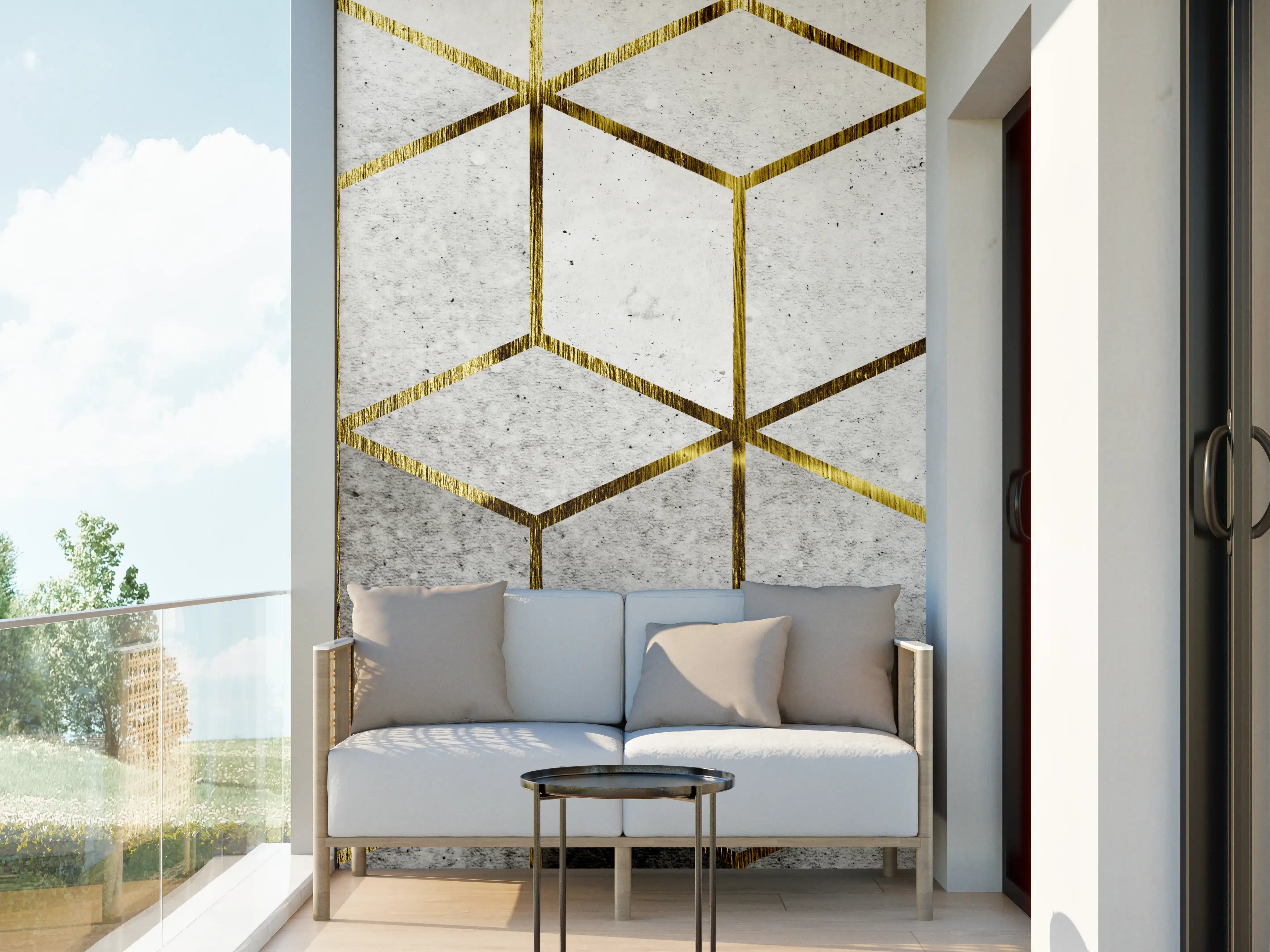 Wandverkleidung außen - Weiße und graue geometrische Marmortextur mit Goldakzenten