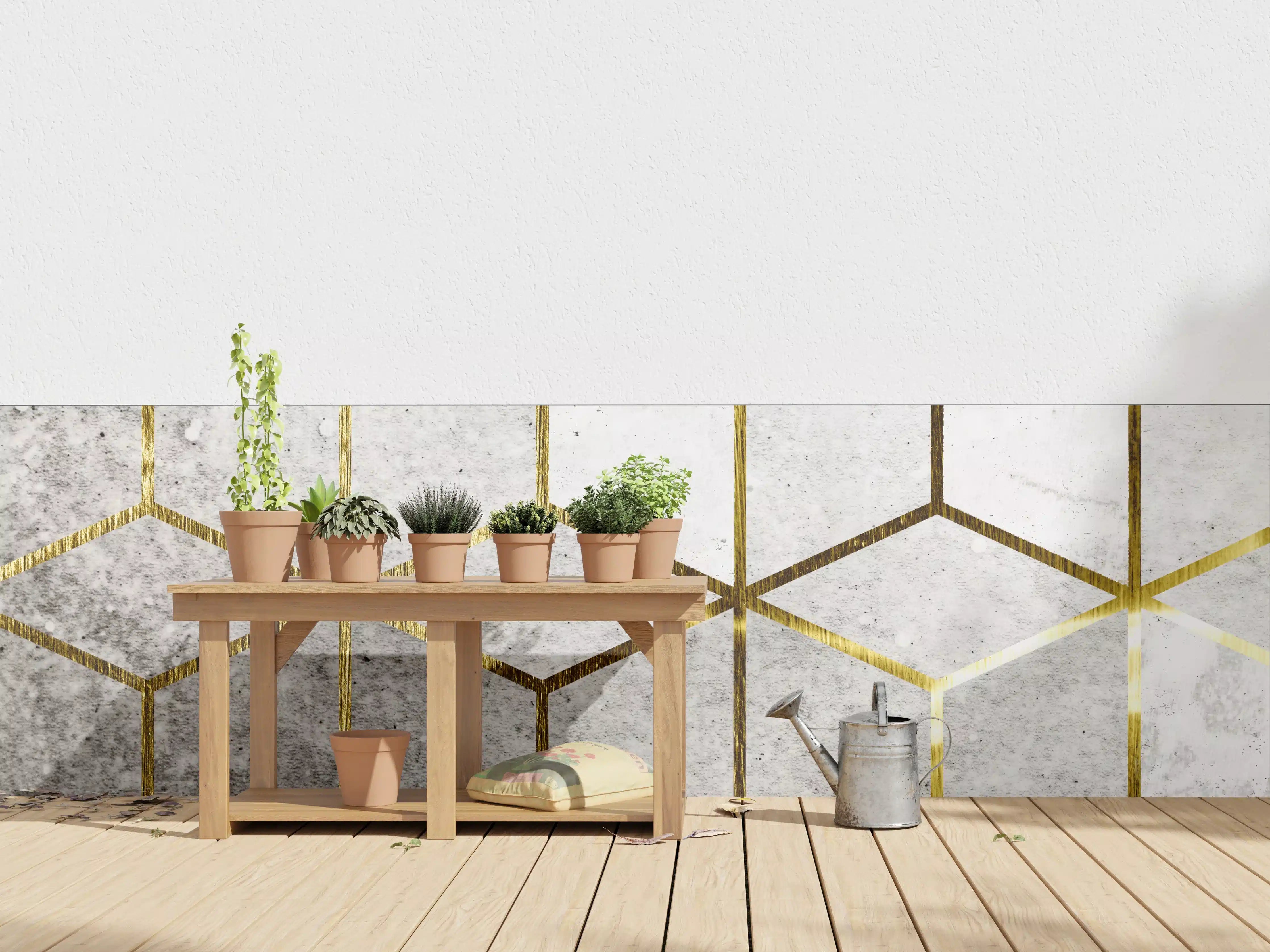 Wandverkleidung außen - Weiße und graue geometrische Marmortextur mit Goldakzenten