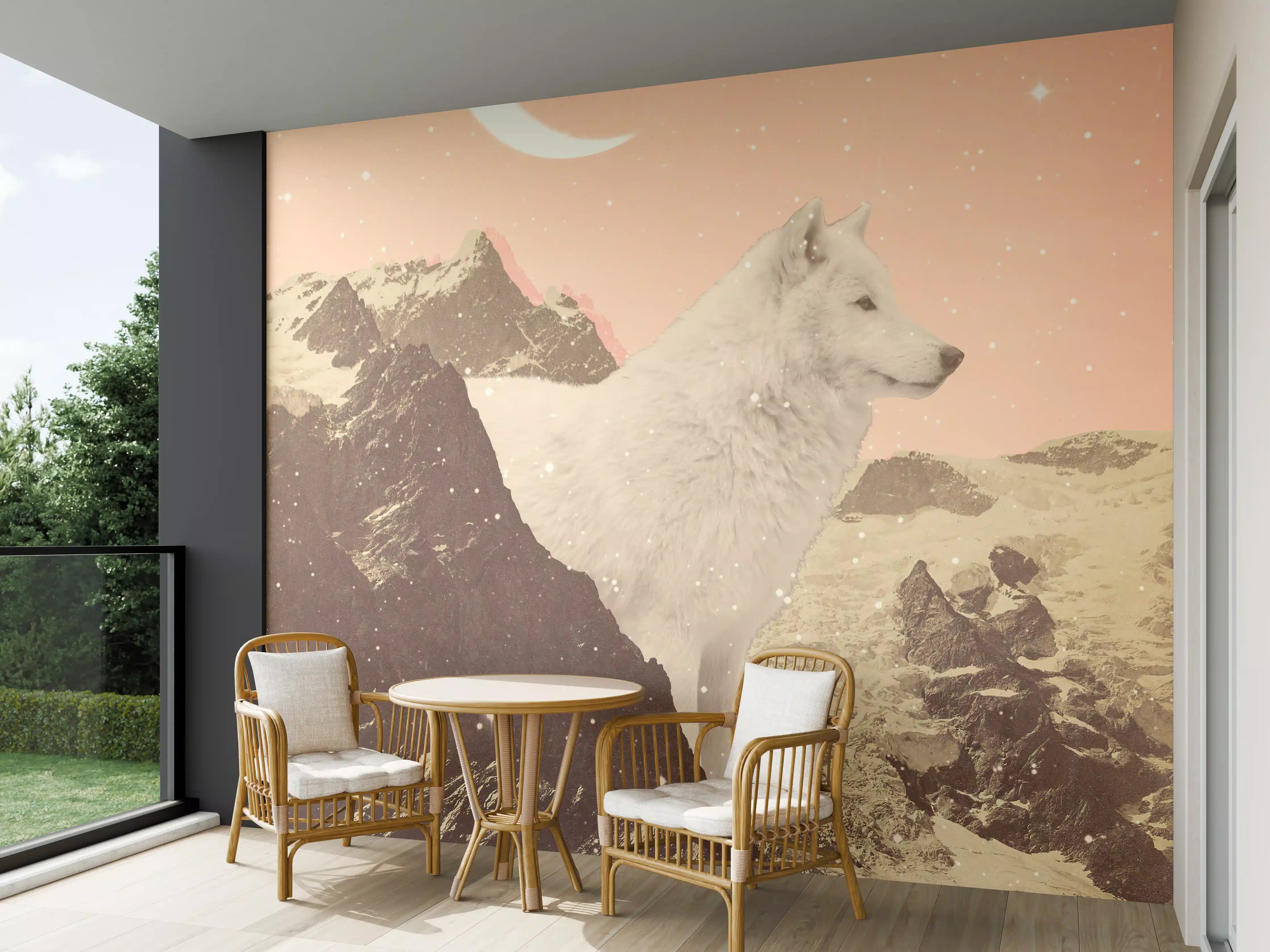Wandverkleidung außen - Weißer Wolf Berglandschaft Nacht