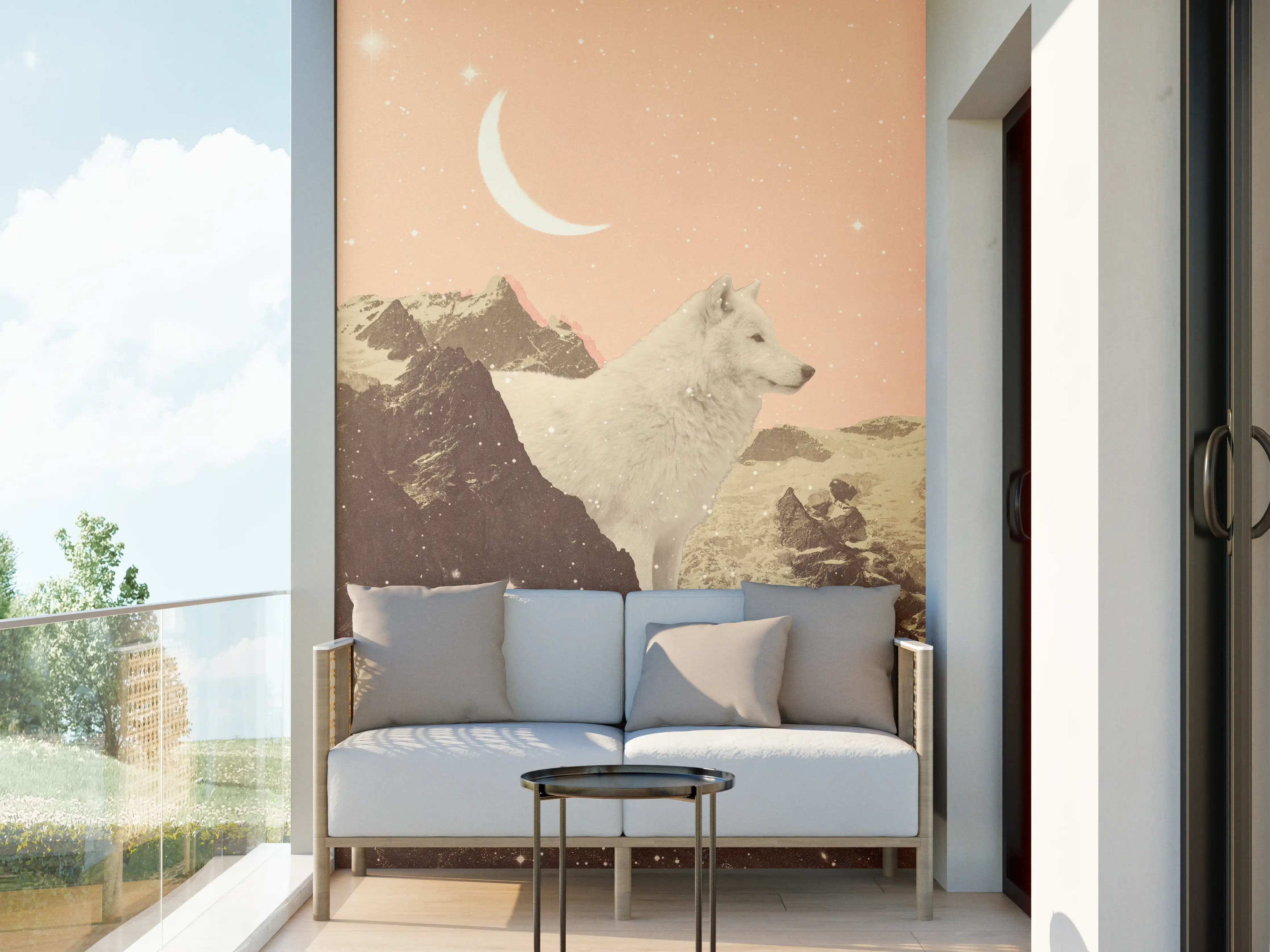 Wandverkleidung außen - Weißer Wolf Berglandschaft Nacht