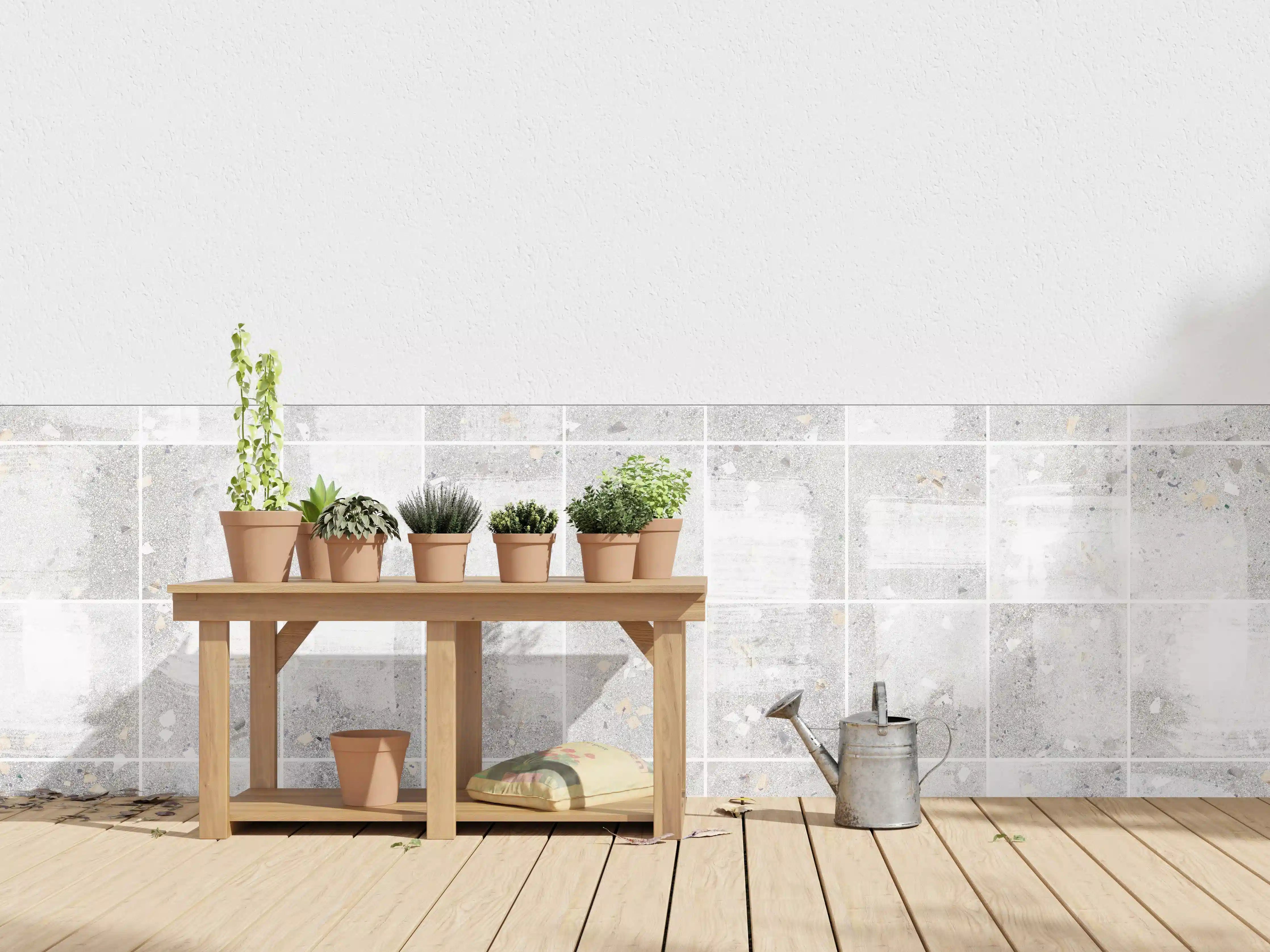 Wandverkleidung außen - Weißes Fliesenmuster - Terrazzo Struktur 