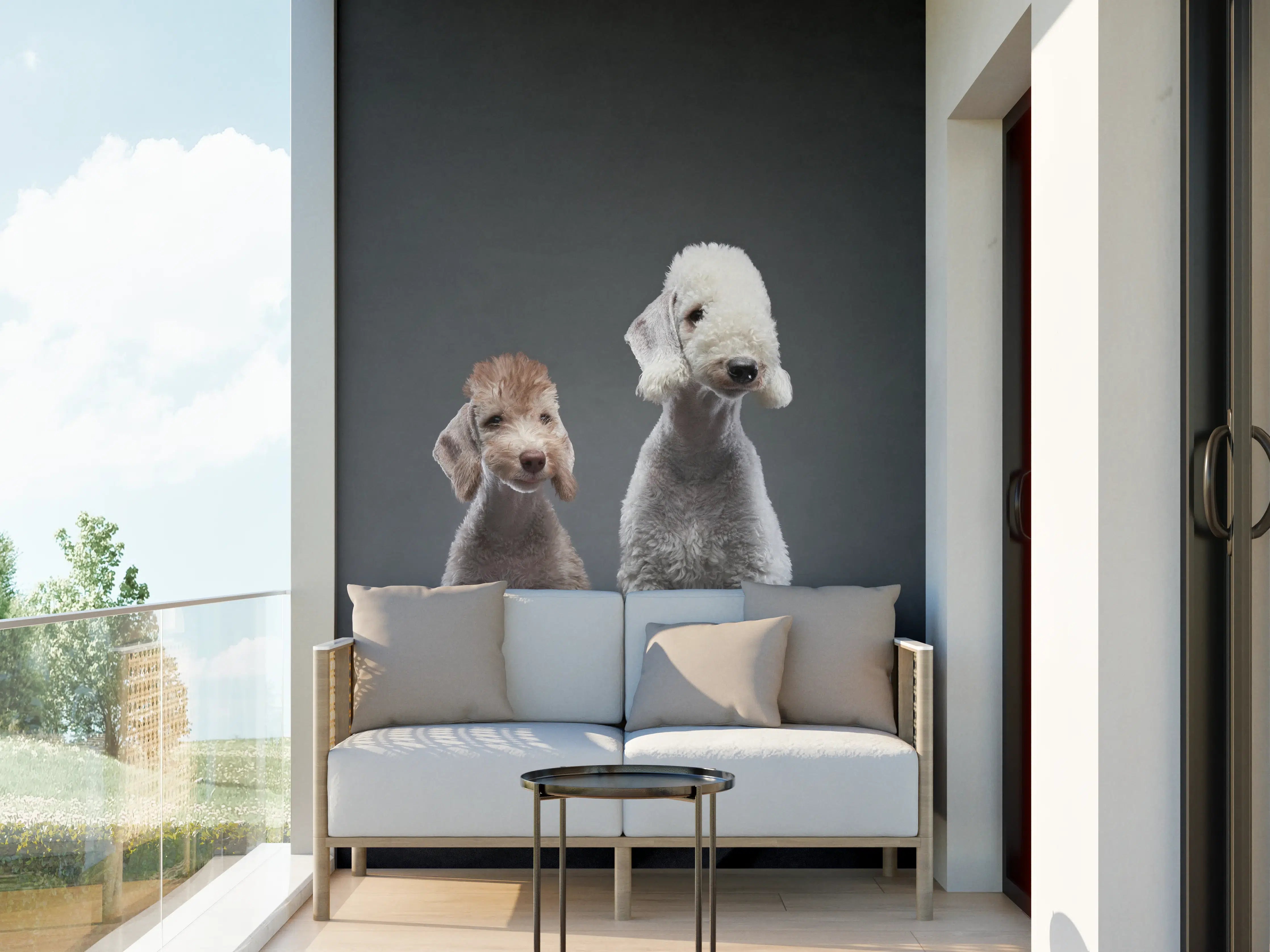 Wandverkleidung außen - Welpe und erwachsener Bedlington Terrier