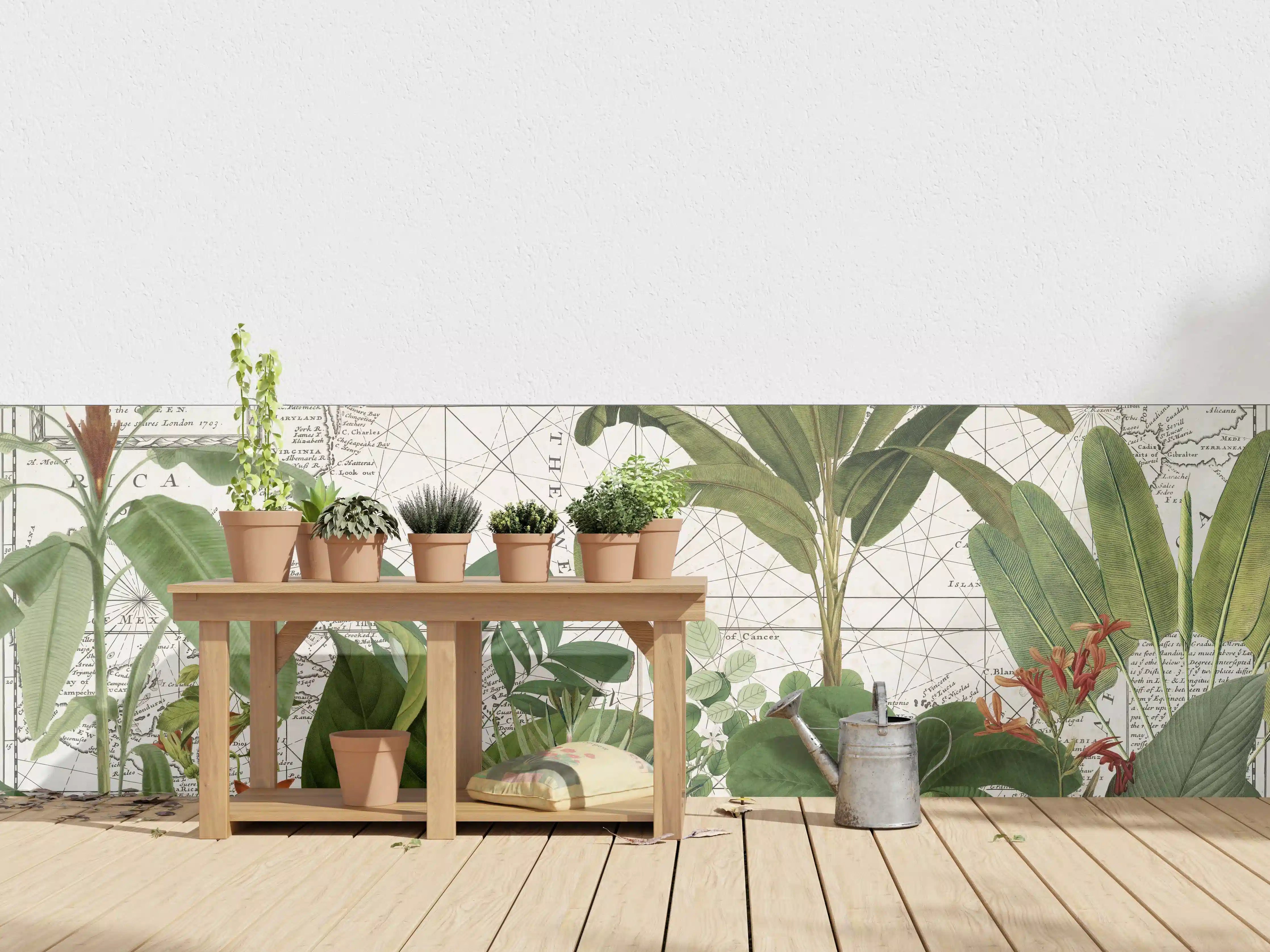 Wandverkleidung außen - Weltkarte mit exotischen Pflanzen