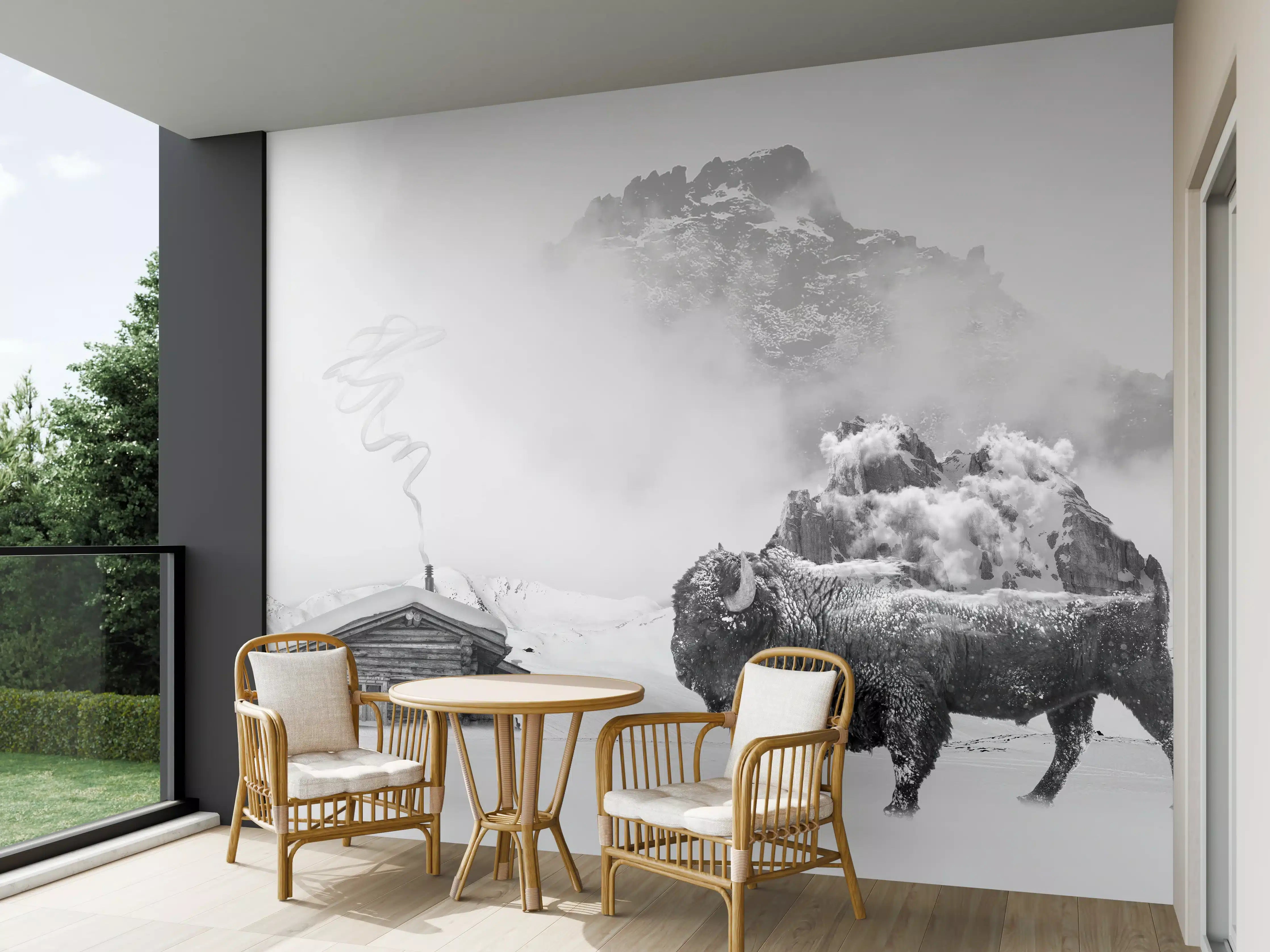 Wandverkleidung außen - Winterlicher Bison in Schwarz-Weiß