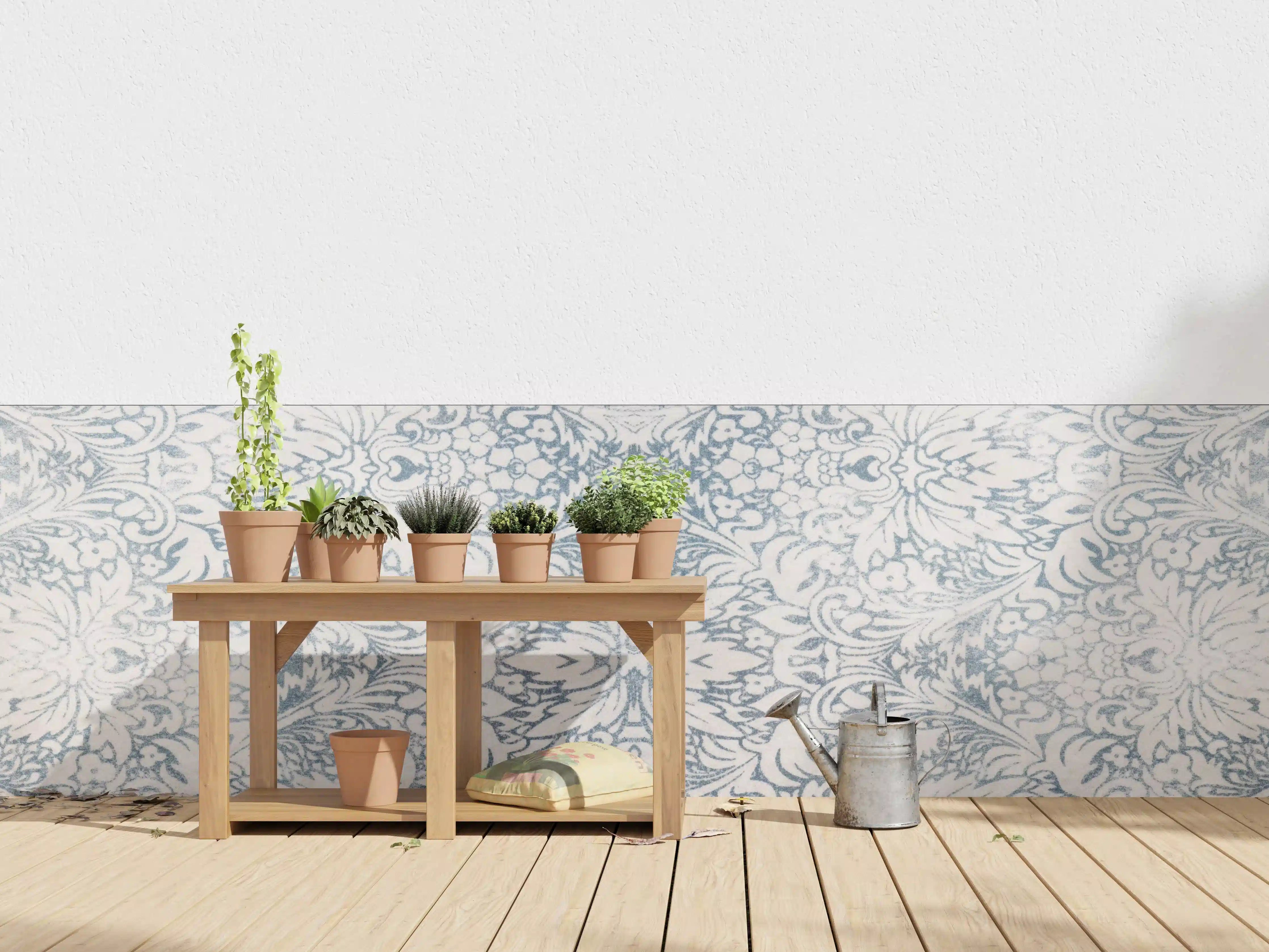 Wandverkleidung außen - Zarte Blumenmuster in Blau und Beige