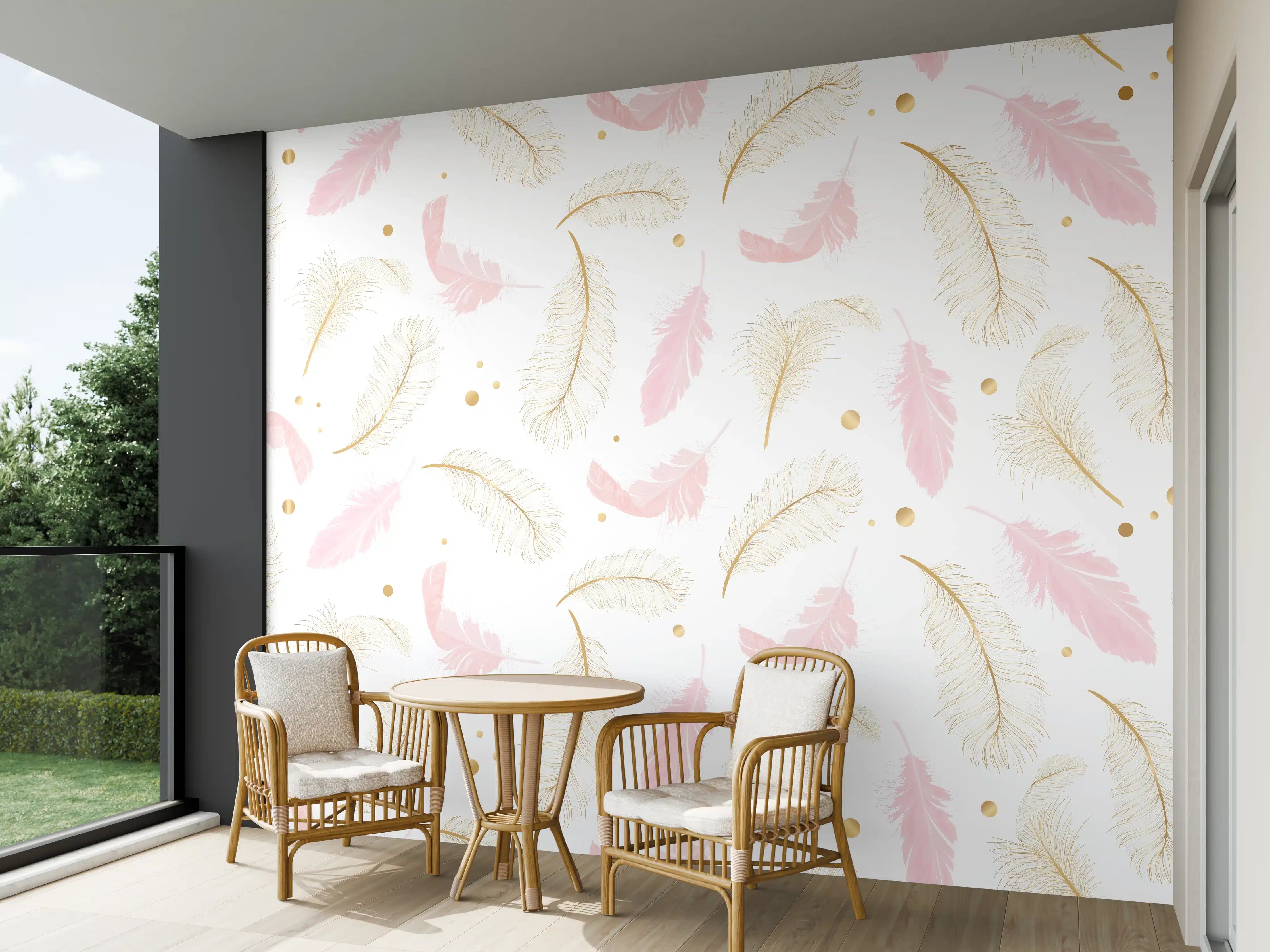 Wandverkleidung außen - Zarte Rosa-Gold Feder-Muster