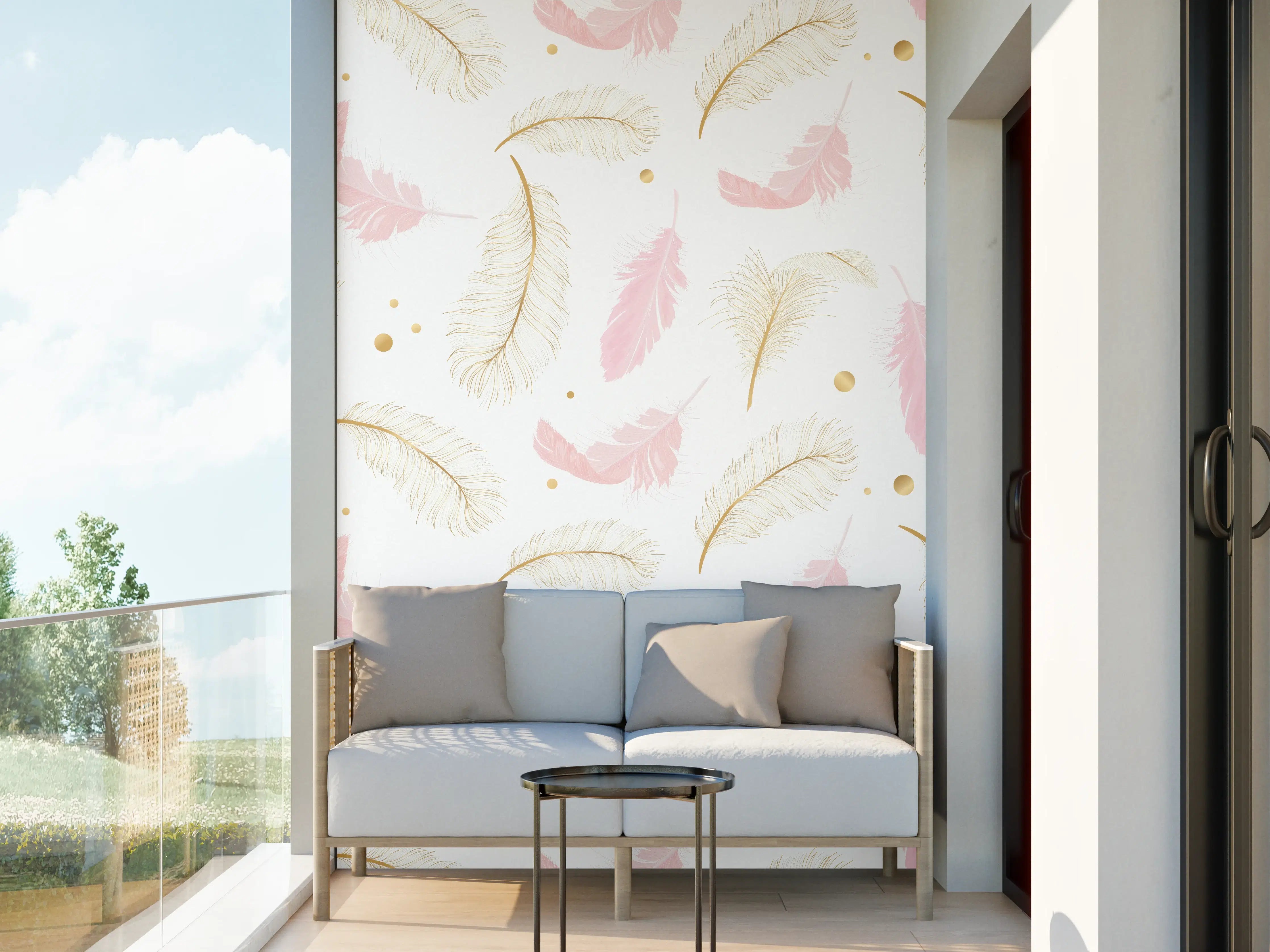 Wandverkleidung außen - Zarte Rosa-Gold Feder-Muster