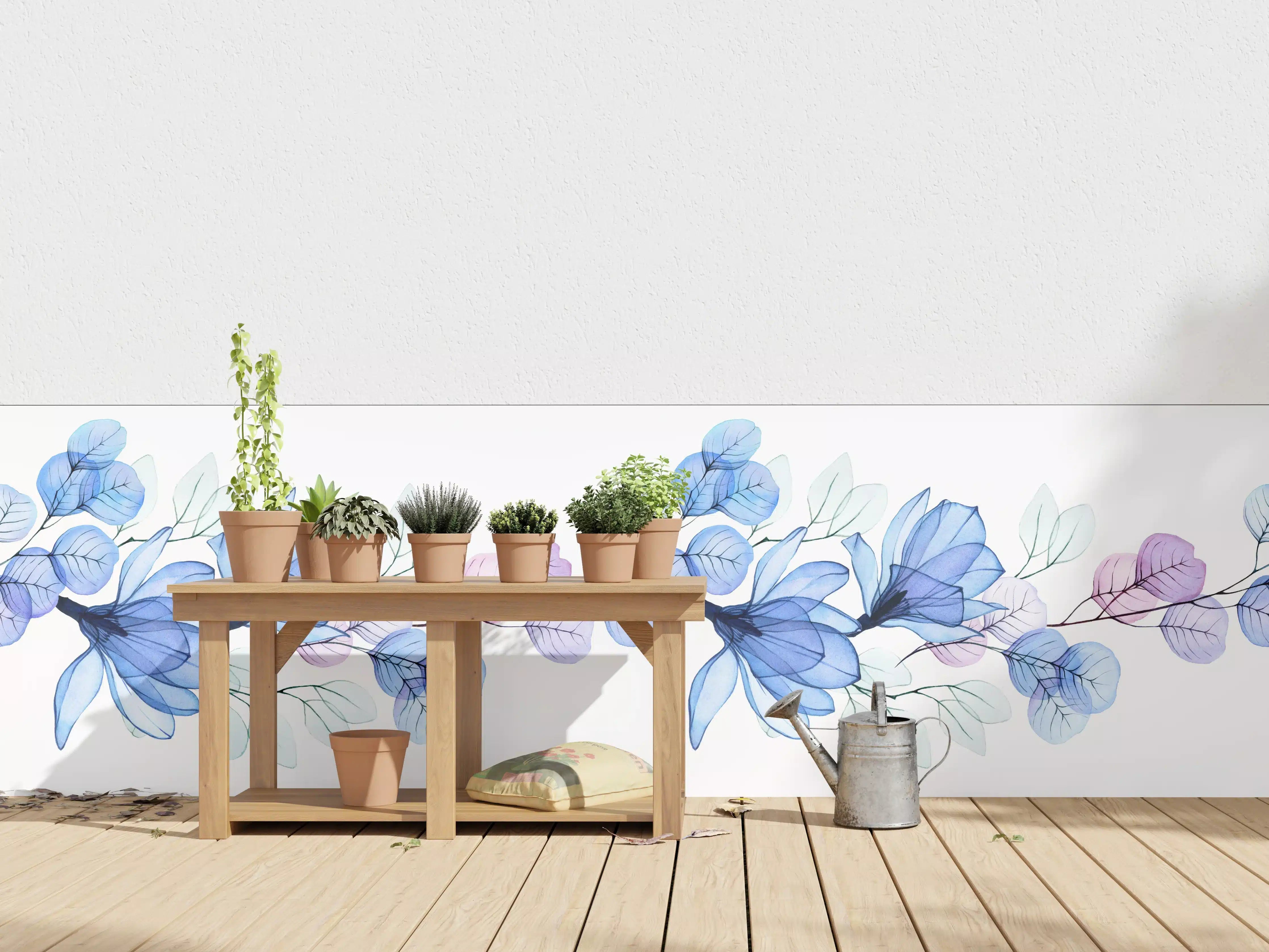 Wandverkleidung außen - Zarte blaue und lilafarbene Blätter-Dekoration