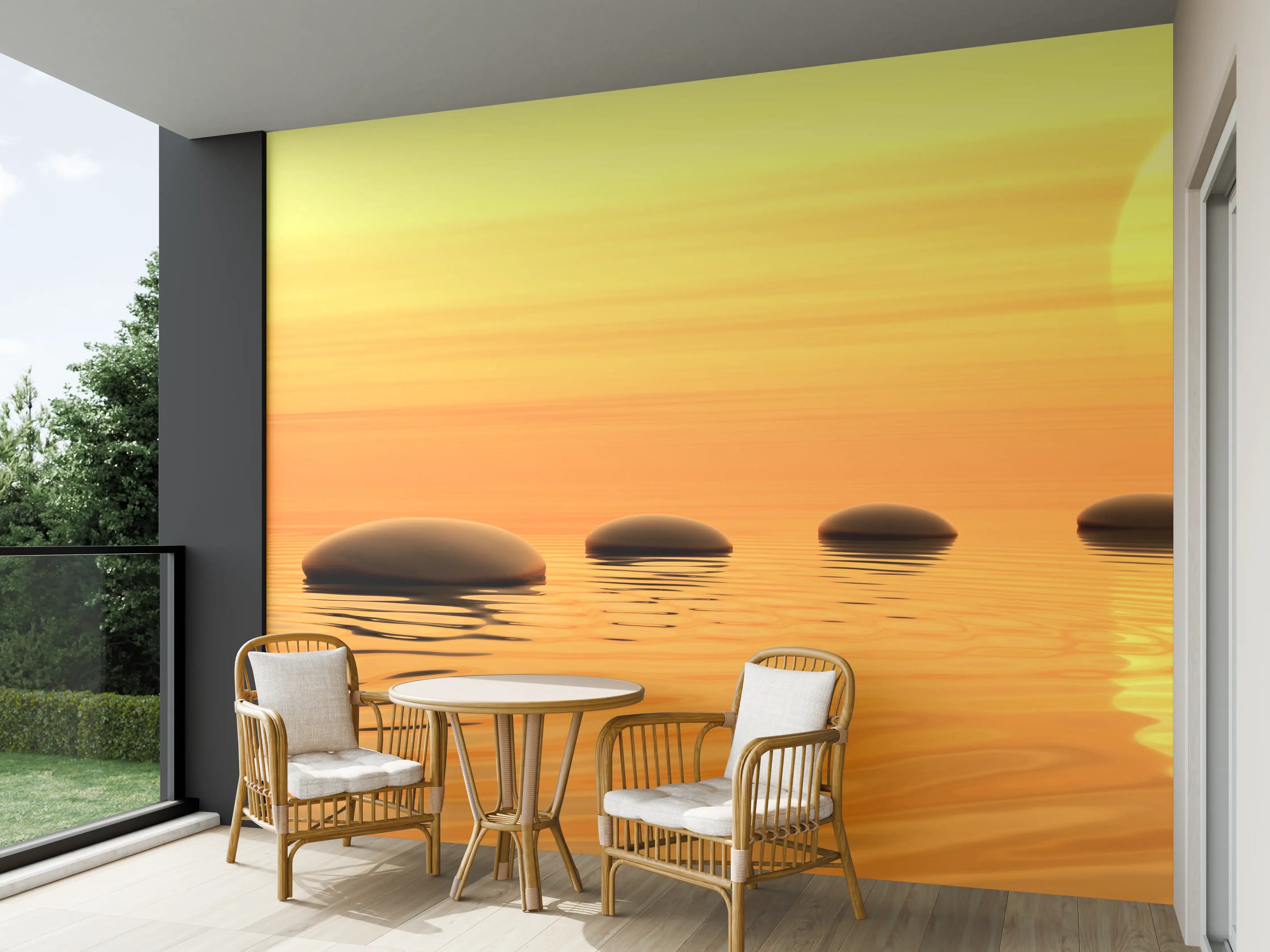 Wandverkleidung außen - Zen-Pfad aus Steinen bei endlosem Sonnenuntergang 