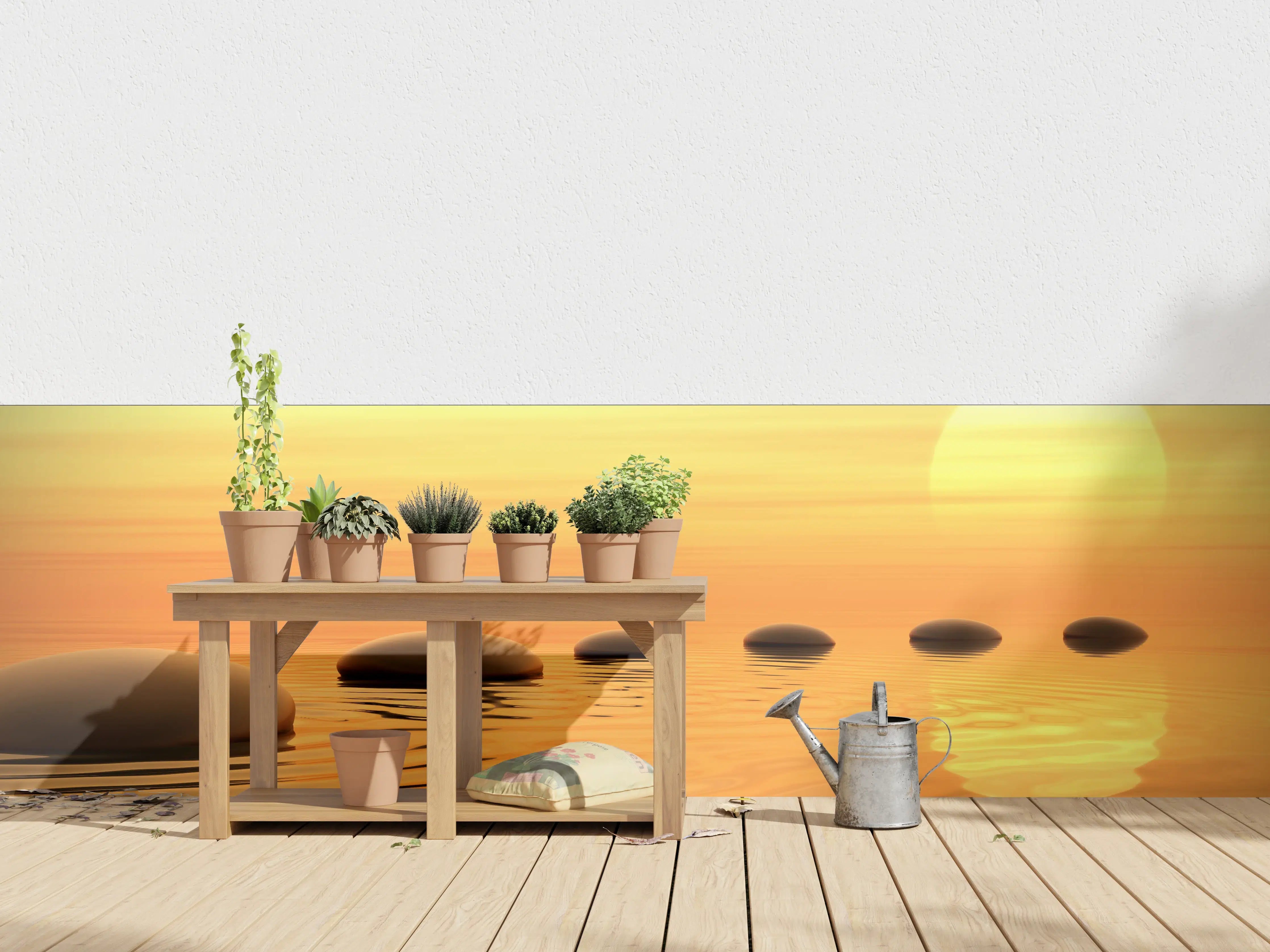 Wandverkleidung außen - Zen-Pfad aus Steinen bei endlosem Sonnenuntergang 
