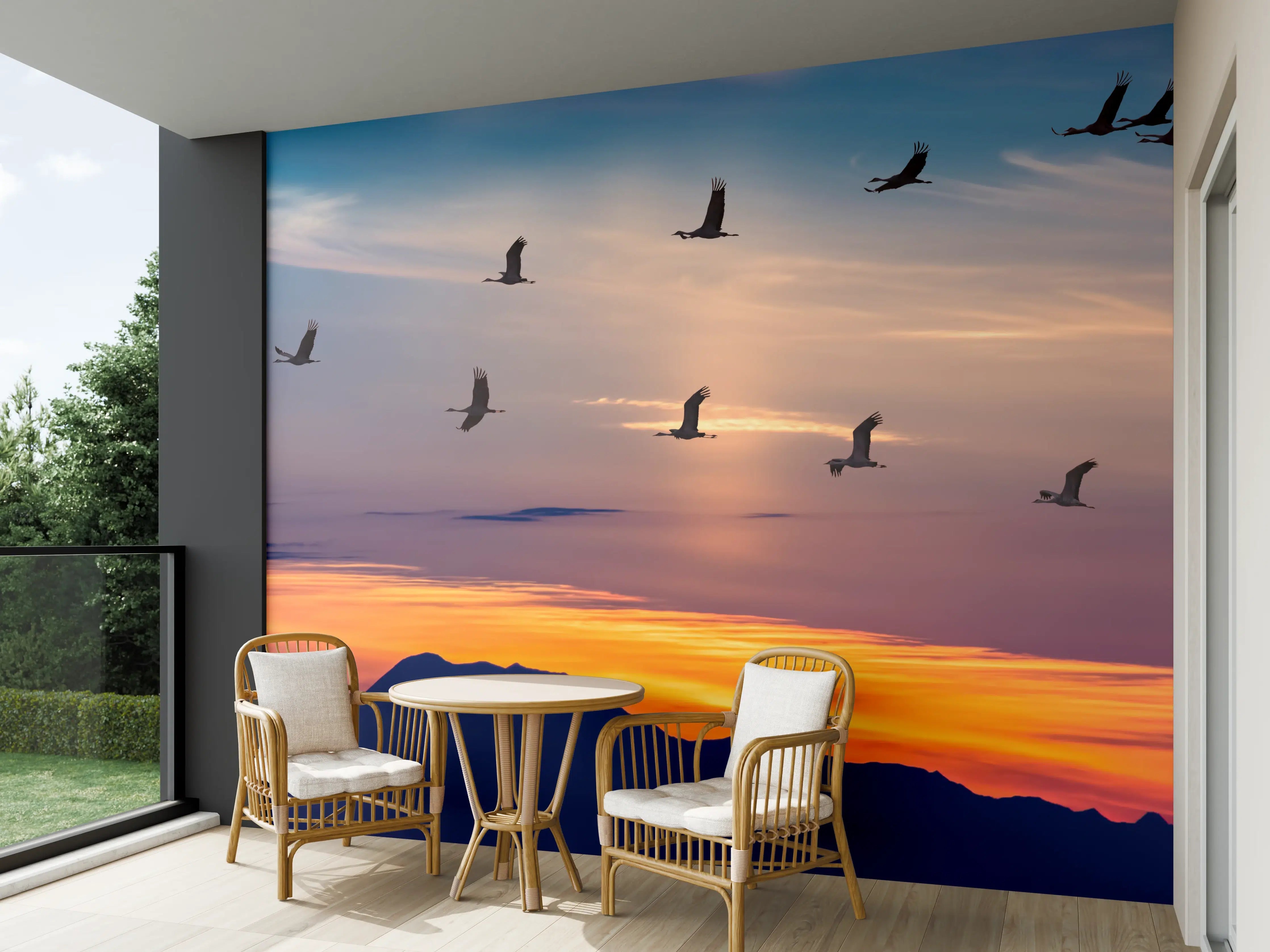 Wandverkleidung außen - Zugvögel fliegen bei Sonnenuntergang