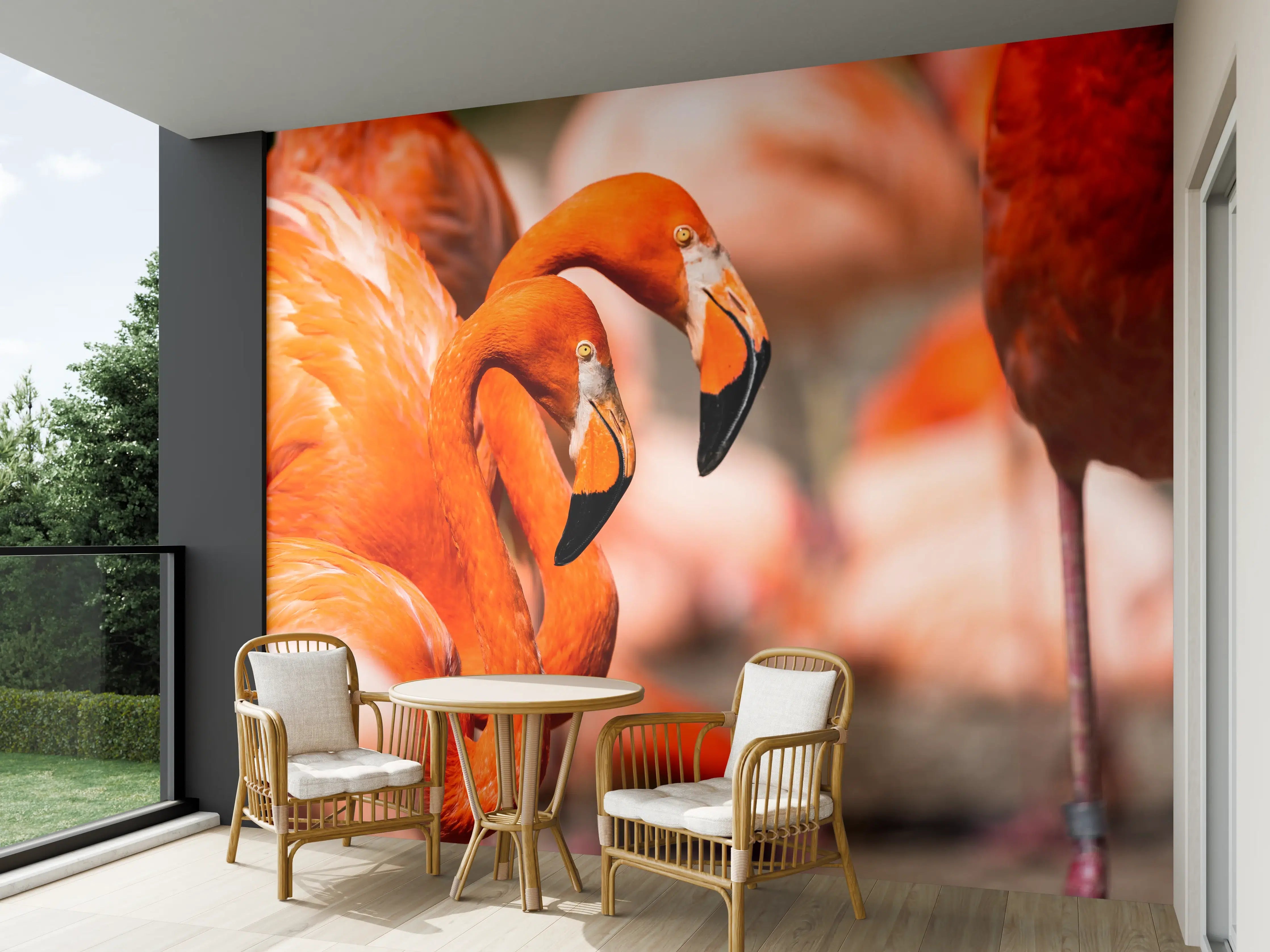 Wandverkleidung außen - Zwei Flamingos in der Herde