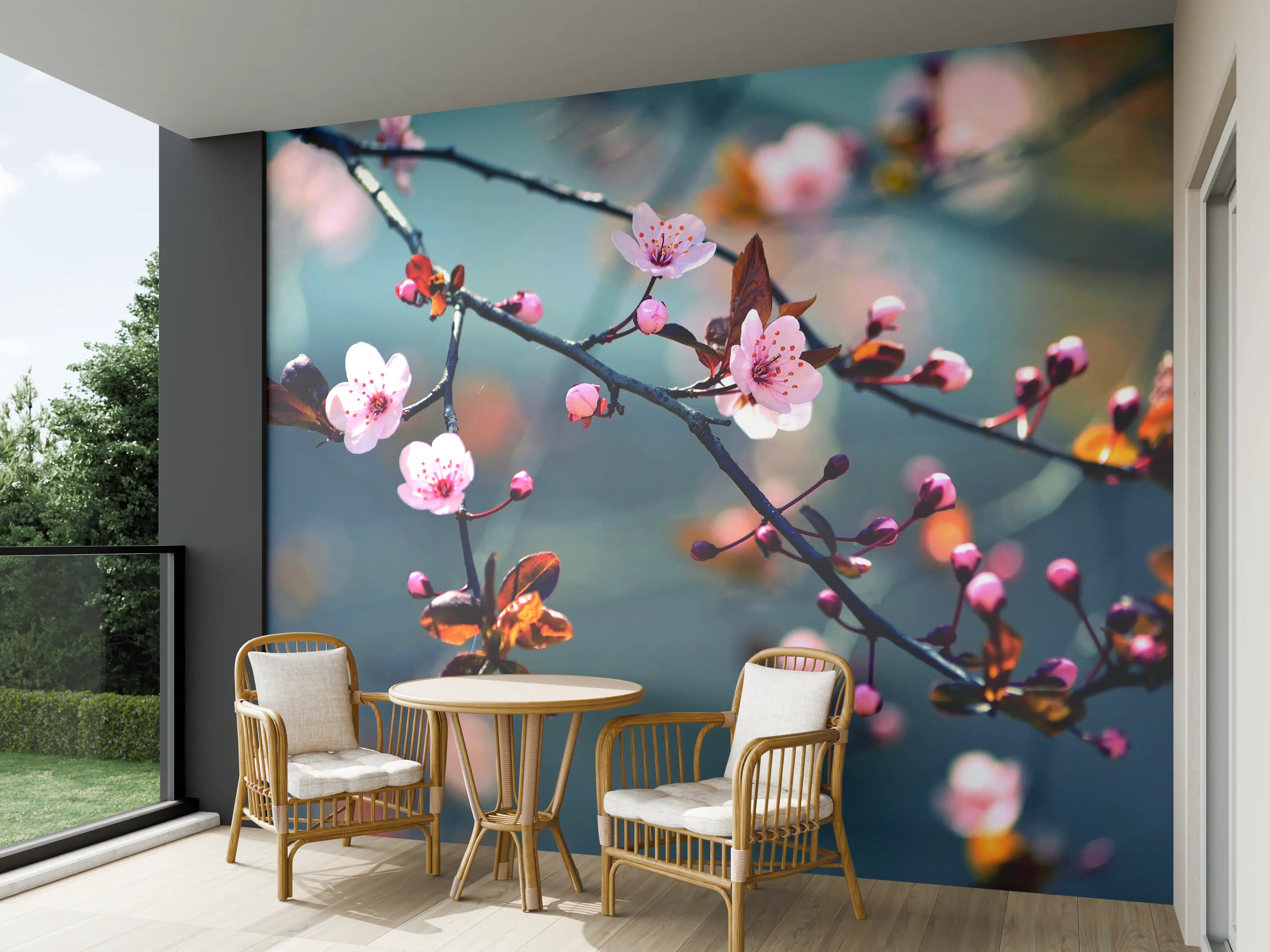 Wandverkleidung außen - blühender japanischer Kirchblütenbaum