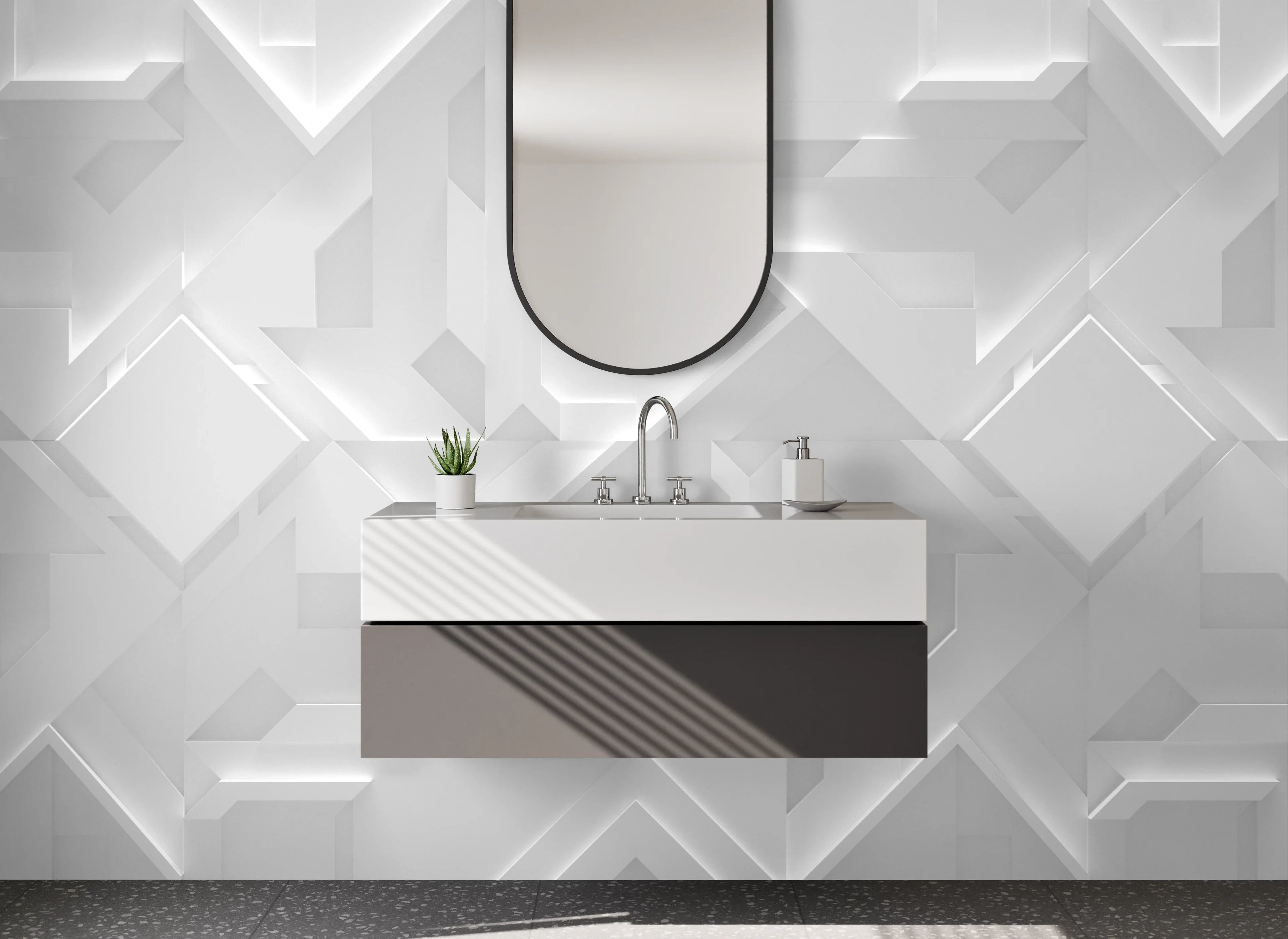 Waschbecken-Rückwand - 3D Geometrie Weiß Grau – Modernes Design