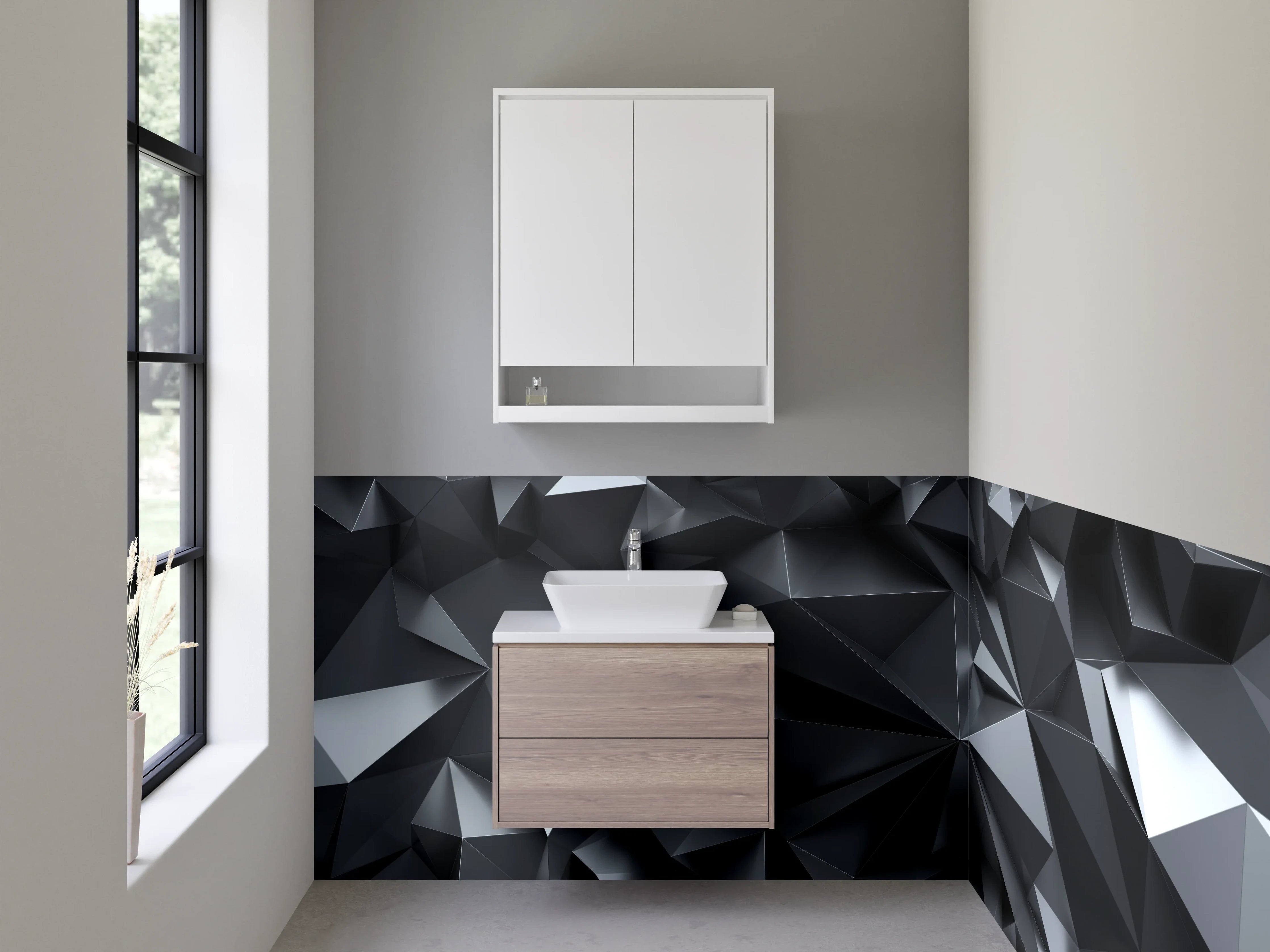 Waschbecken-Rückwand - 3D Polygon Schwarz-Grau Design
