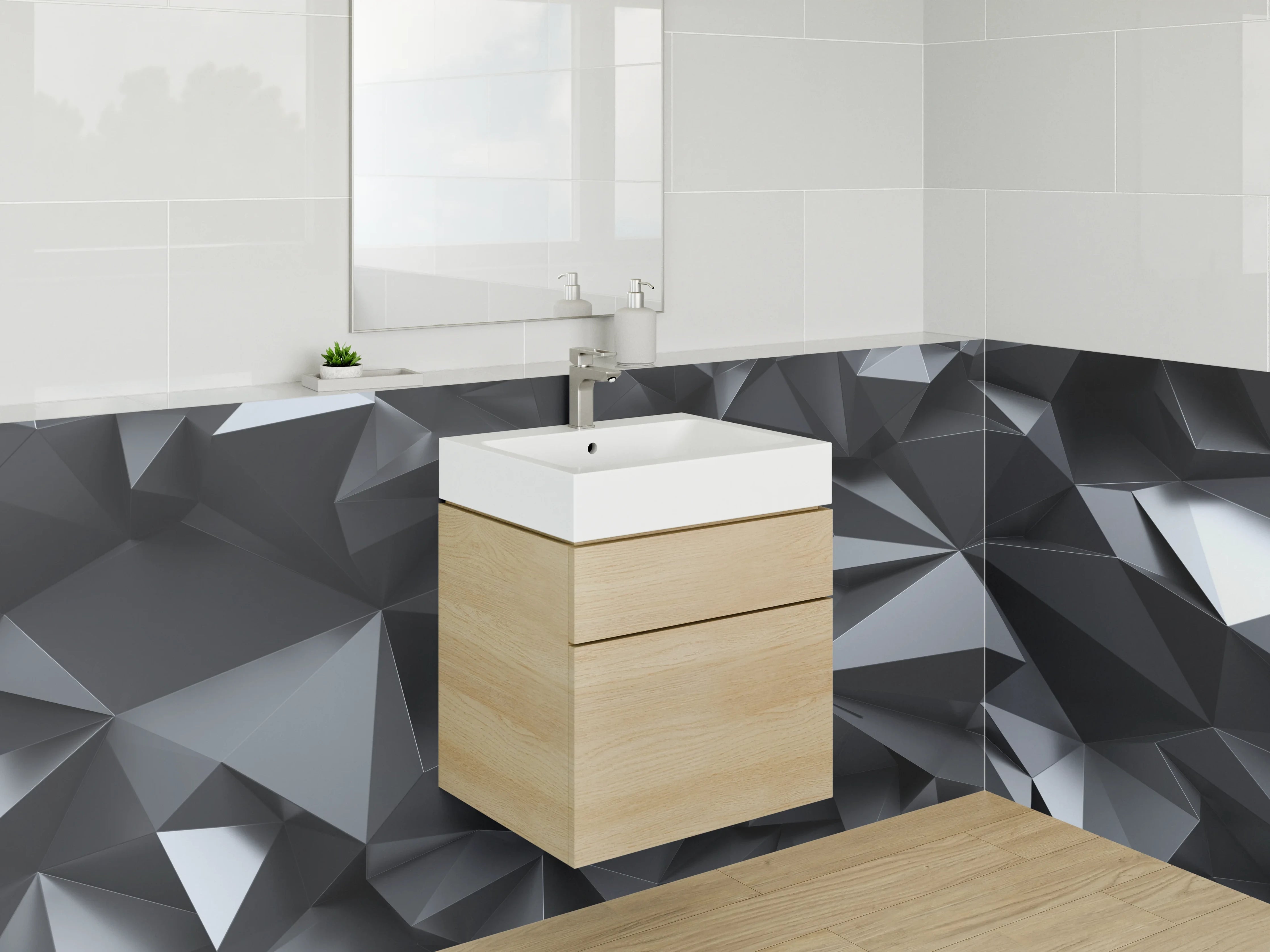 Waschbecken-Rückwand - 3D Polygon Schwarz-Grau Design