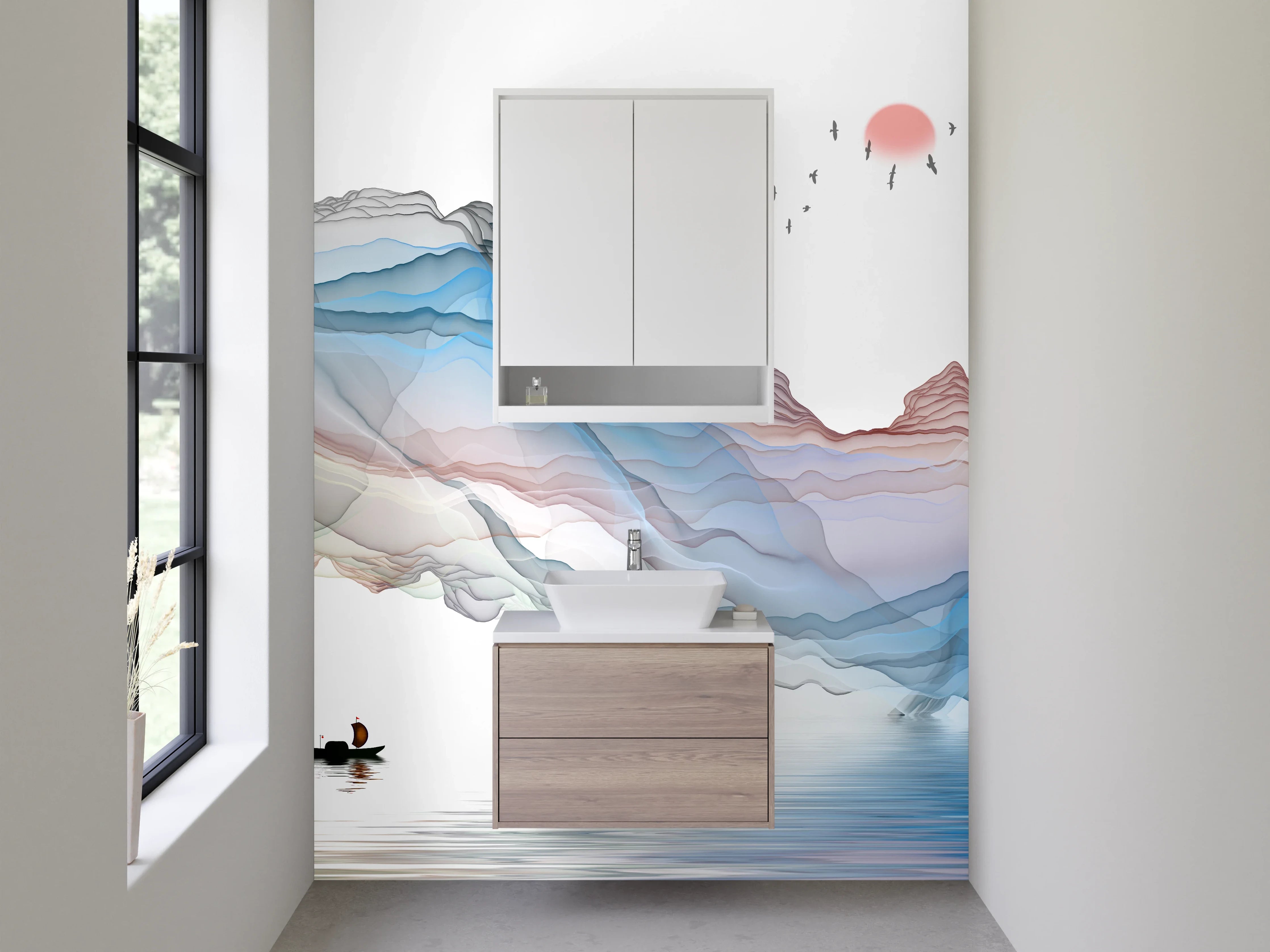 Waschbecken-Rückwand - Abstrakte Aquarell-Landschaft mit Boot