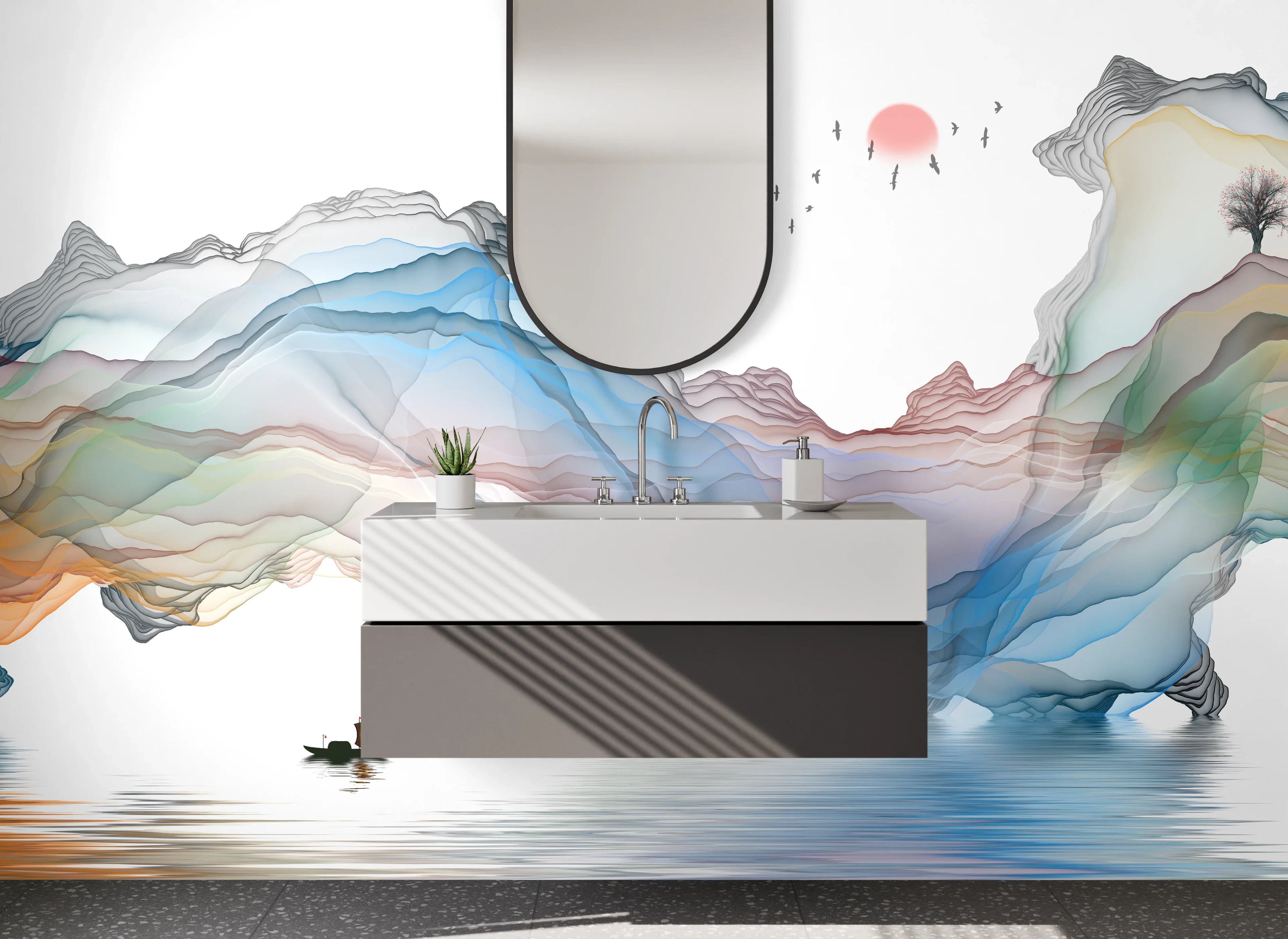 Waschbecken-Rückwand - Abstrakte Aquarell-Landschaft mit Boot