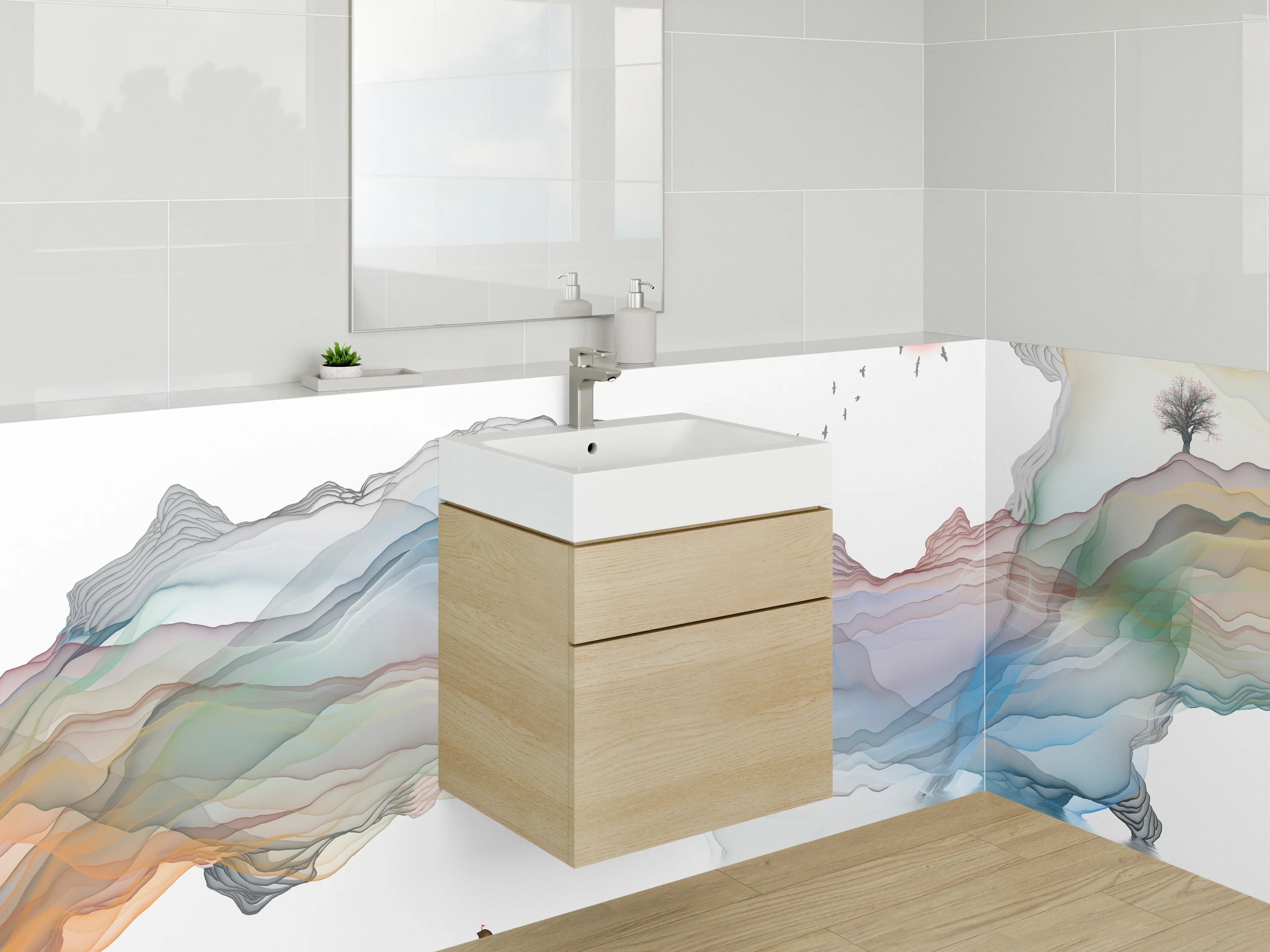 Waschbecken-Rückwand - Abstrakte Aquarell-Landschaft mit Boot