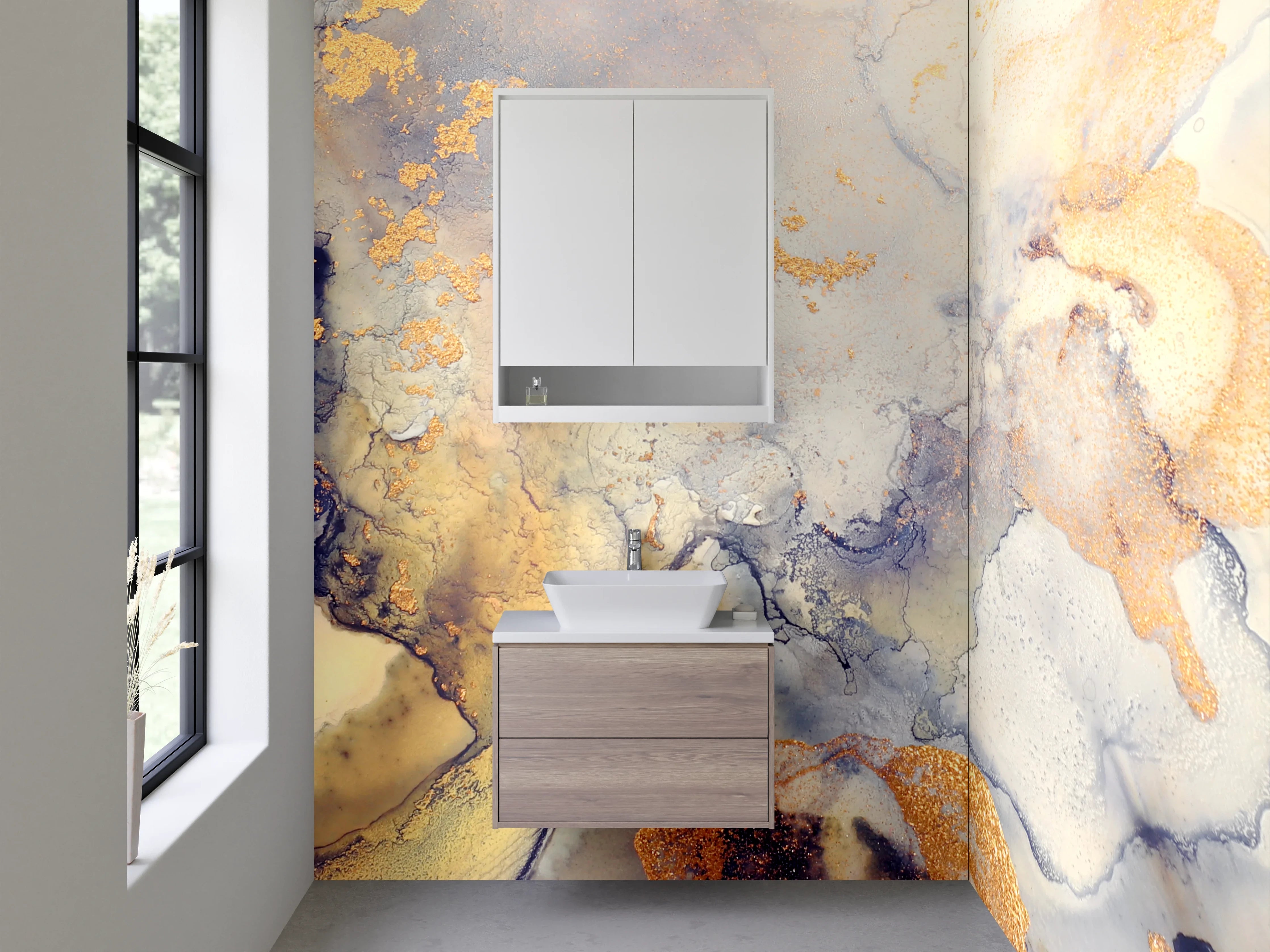 Waschbecken-Rückwand - Abstrakte Aquarell-Optik in Gold und Beige