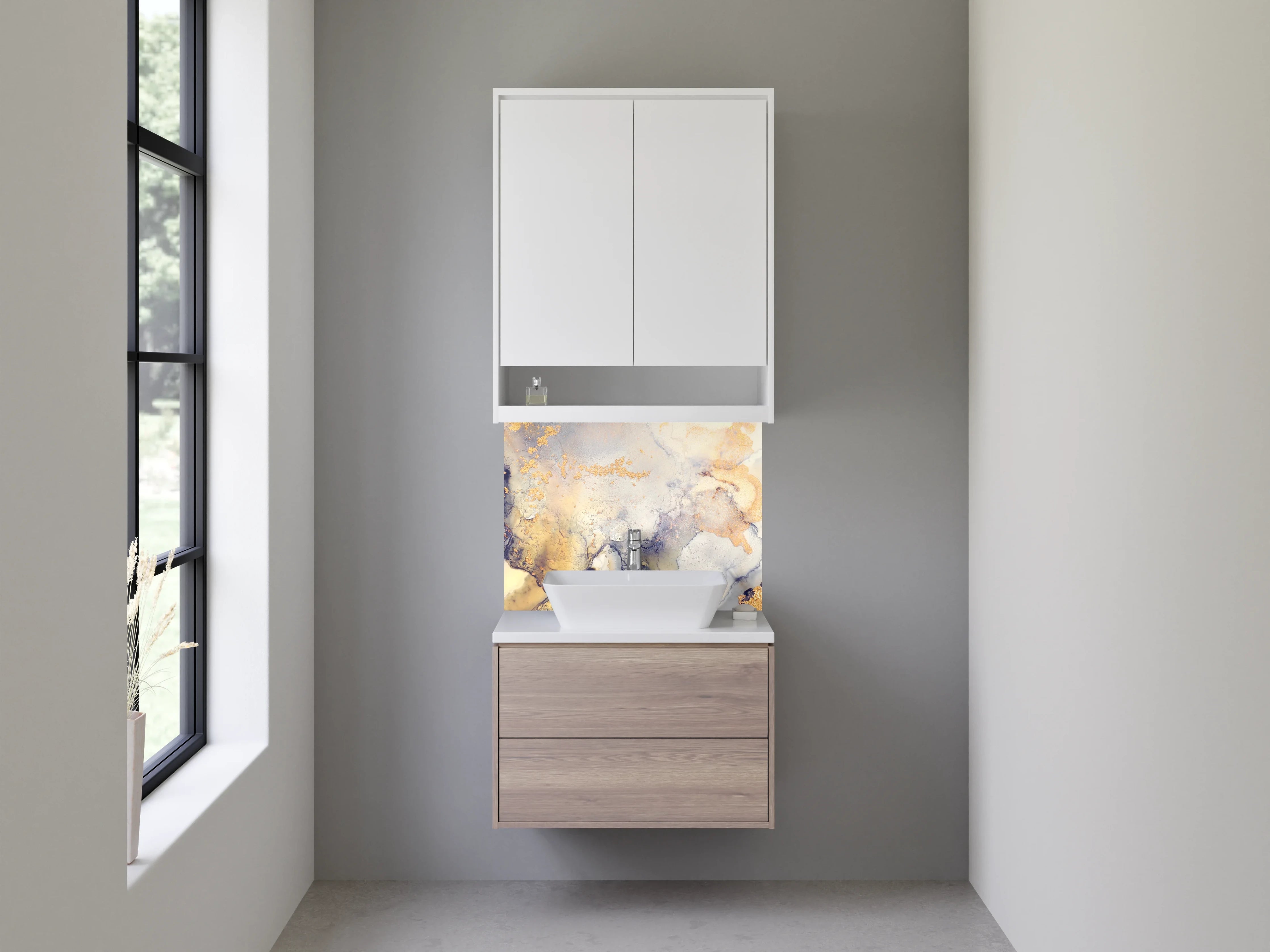 Waschbecken-Rückwand - Abstrakte Aquarell-Optik in Gold und Beige