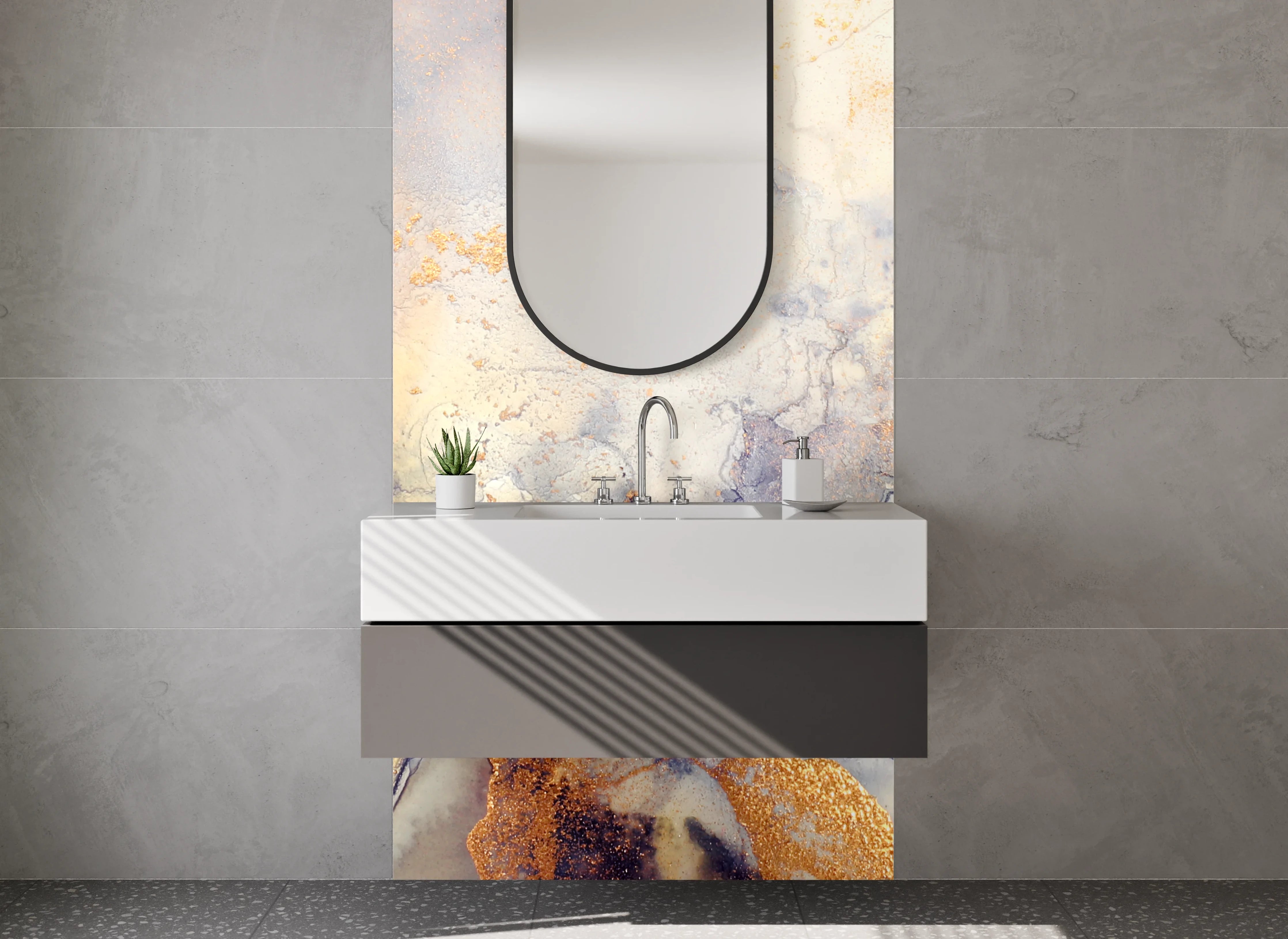 Waschbecken-Rückwand - Abstrakte Aquarell-Optik in Gold und Beige