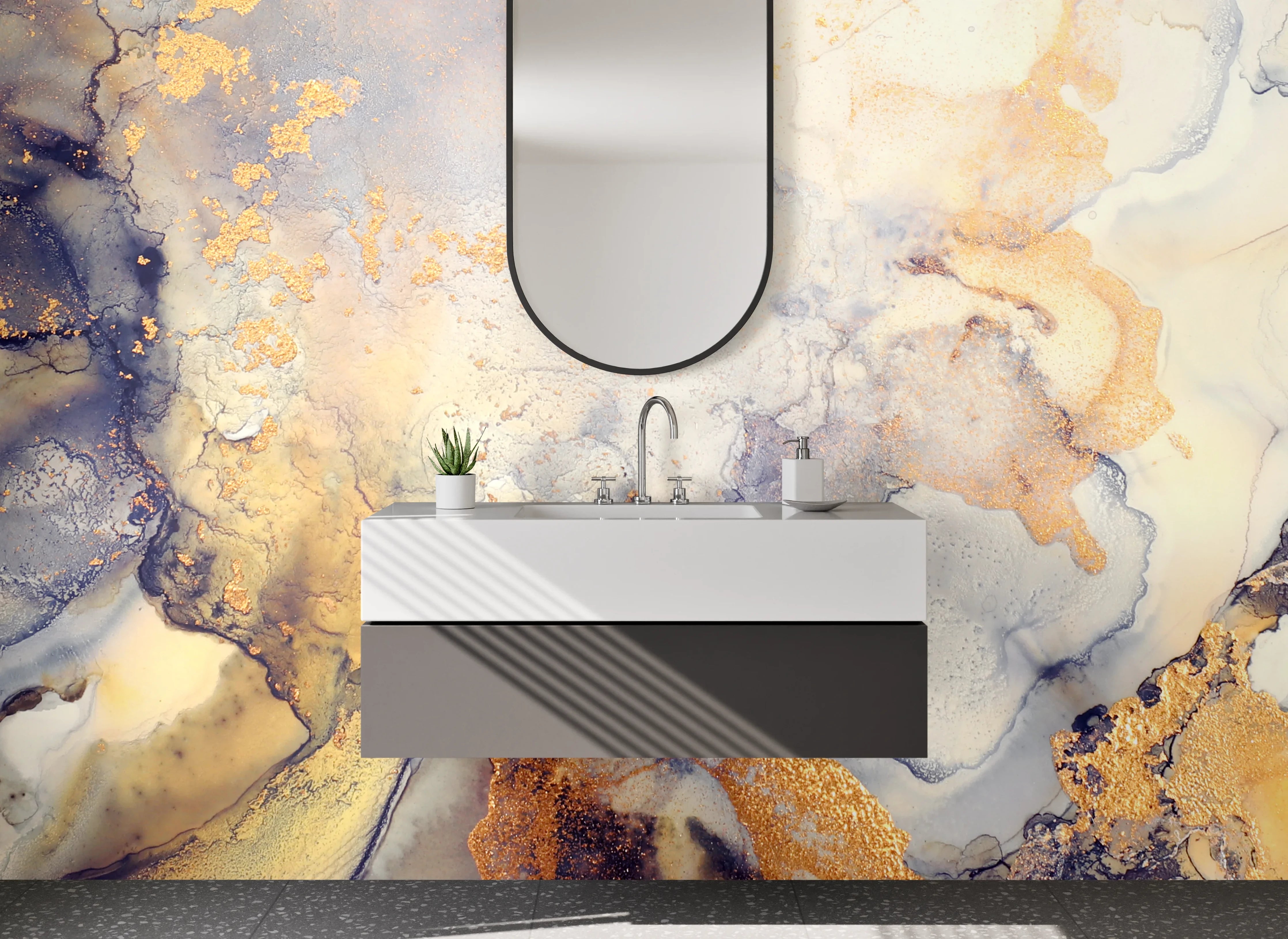 Waschbecken-Rückwand - Abstrakte Aquarell-Optik in Gold und Beige