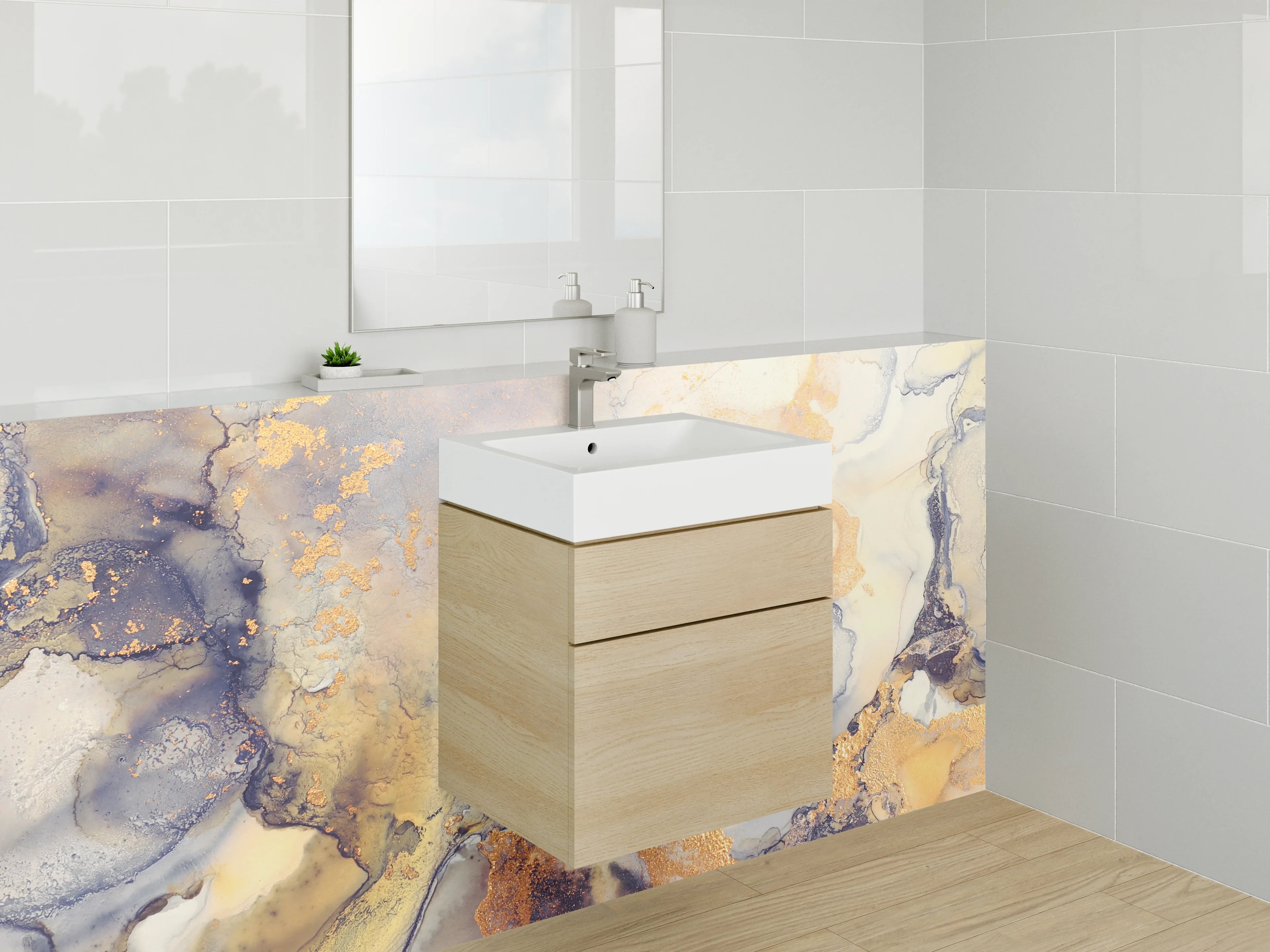 Waschbecken-Rückwand - Abstrakte Aquarell-Optik in Gold und Beige