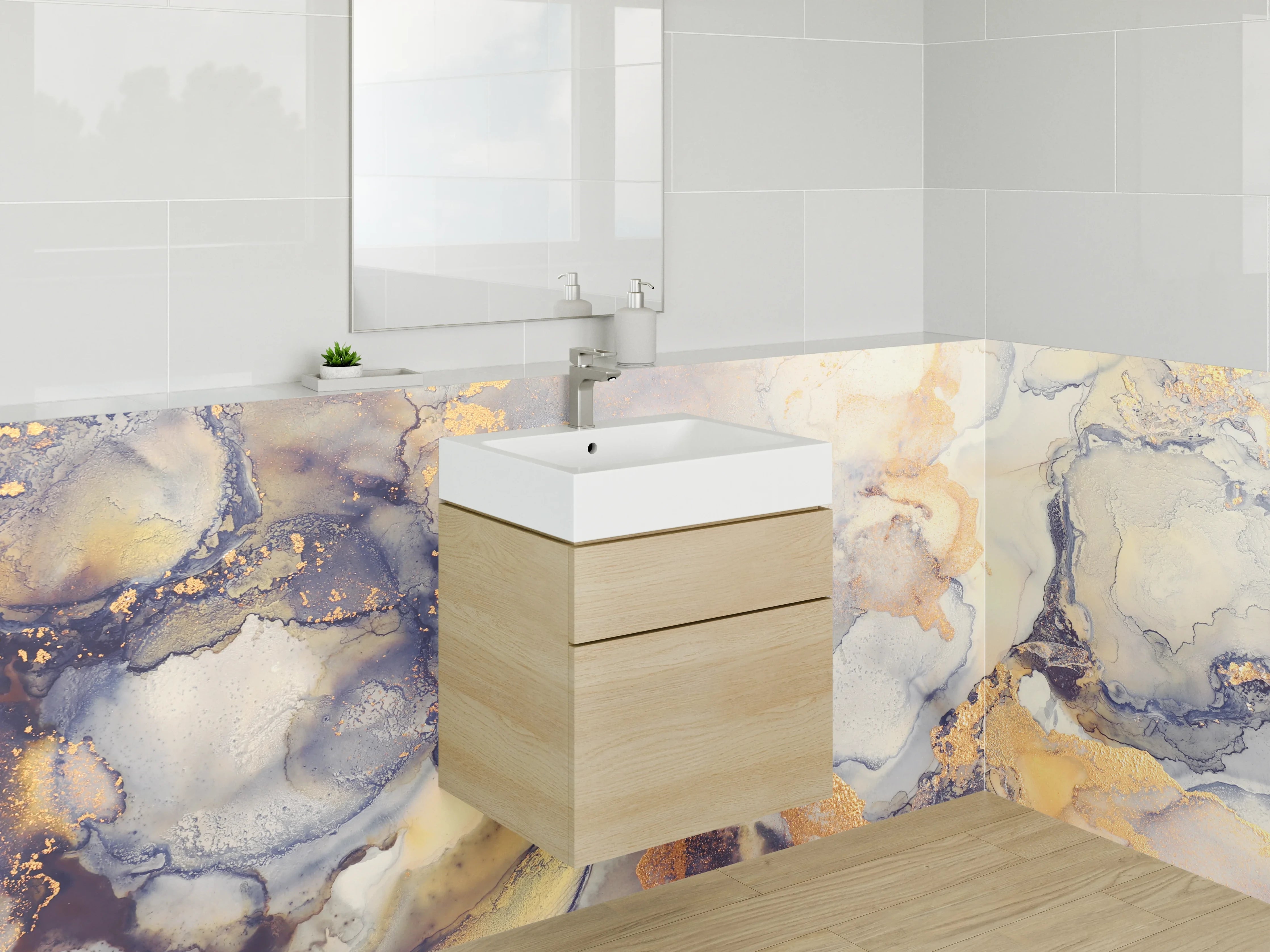 Waschbecken-Rückwand - Abstrakte Aquarell-Optik in Gold und Beige