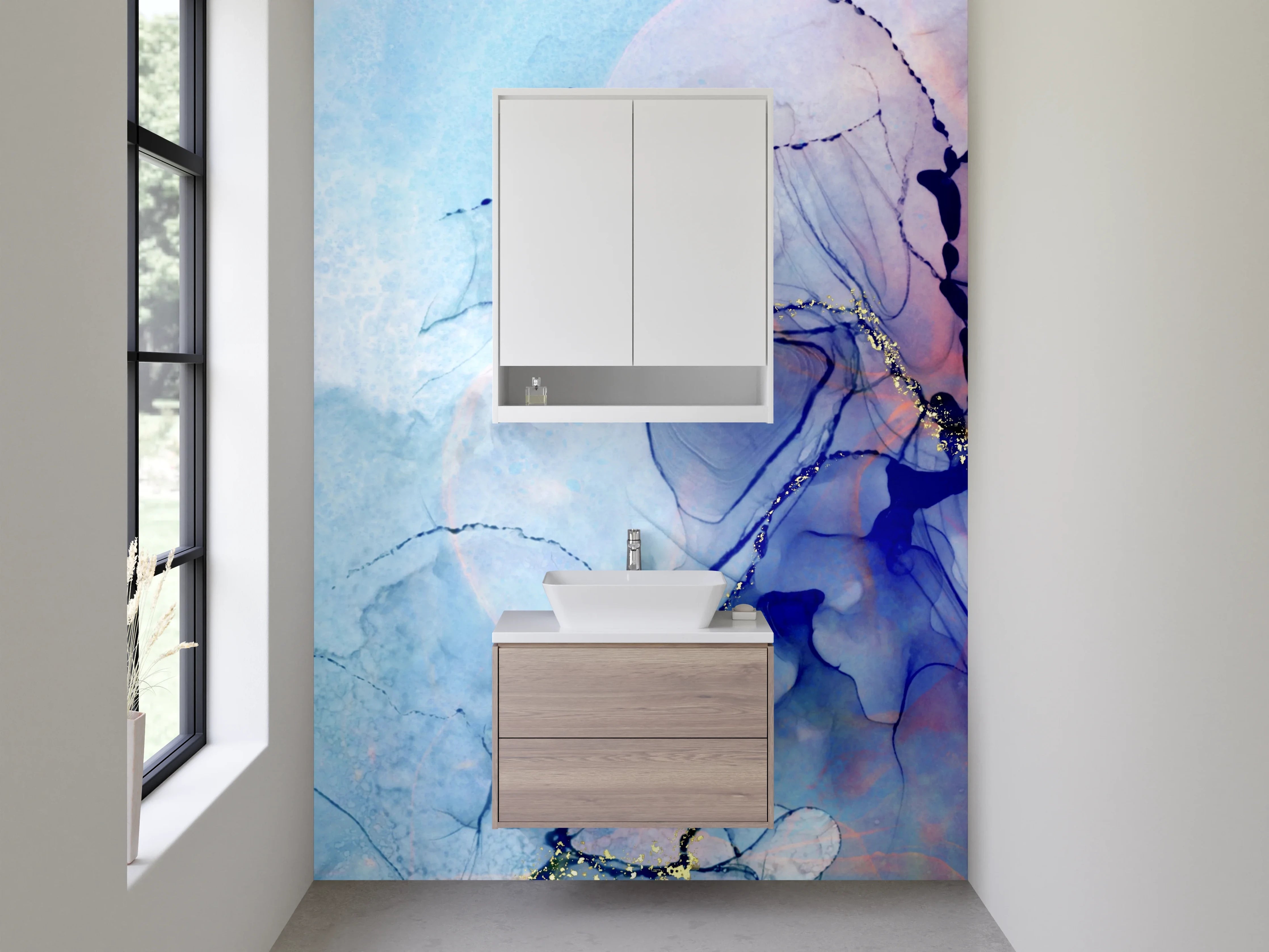 Waschbecken-Rückwand - Abstrakte Aquarellkunst in Blau und Lila