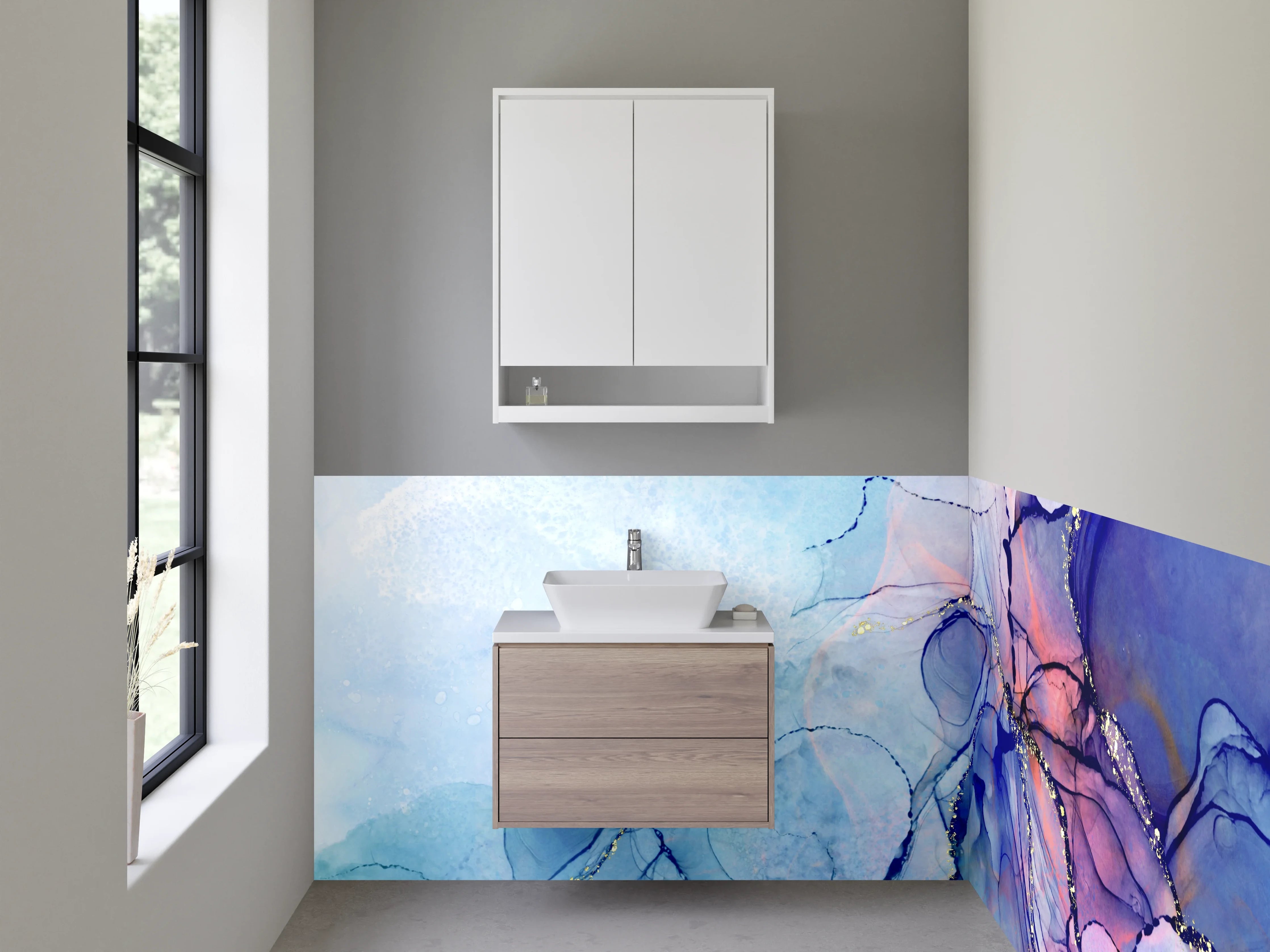 Waschbecken-Rückwand - Abstrakte Aquarellkunst in Blau und Lila