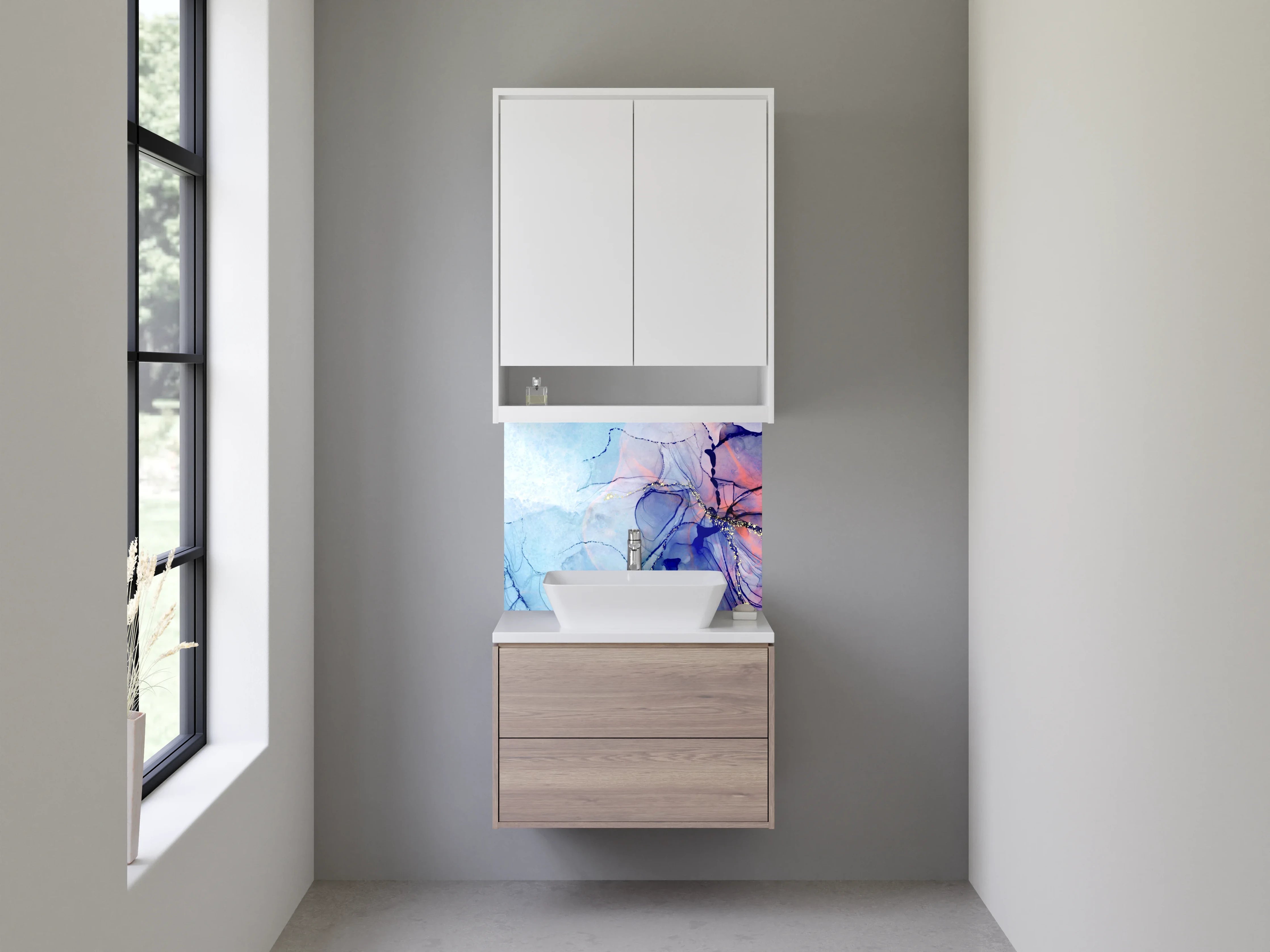 Waschbecken-Rückwand - Abstrakte Aquarellkunst in Blau und Lila