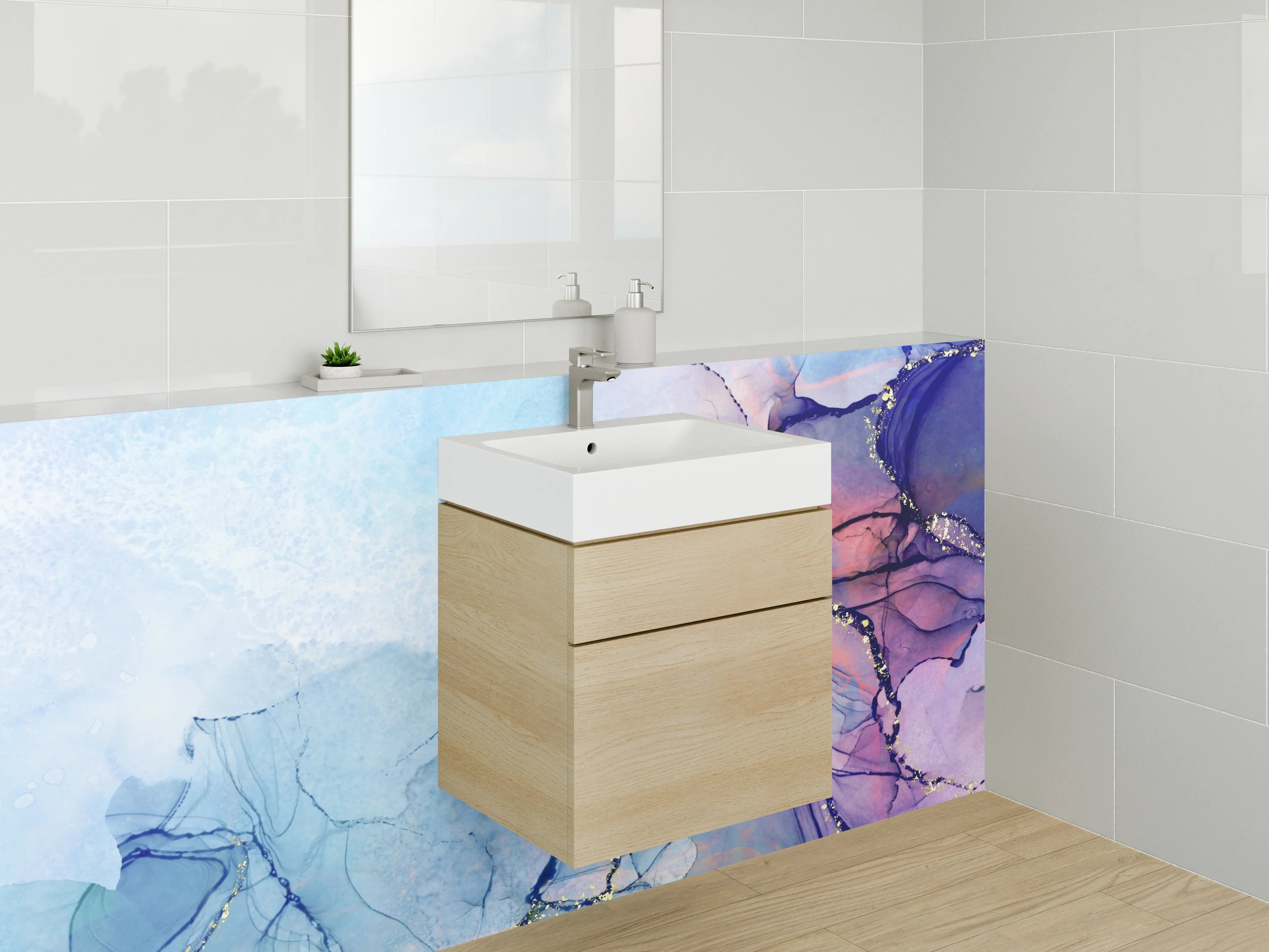 Waschbecken-Rückwand - Abstrakte Aquarellkunst in Blau und Lila