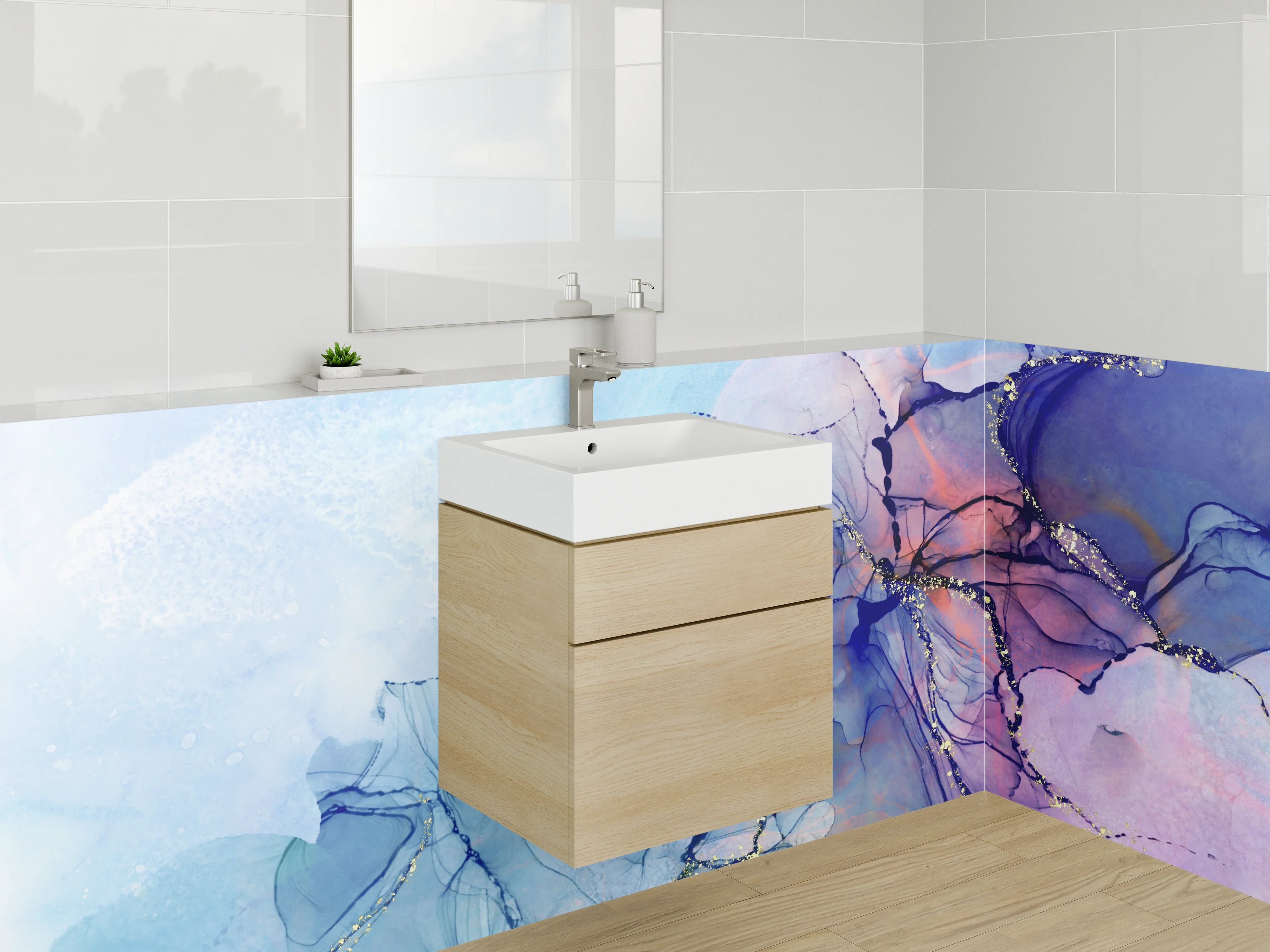 Waschbecken-Rückwand - Abstrakte Aquarellkunst in Blau und Lila