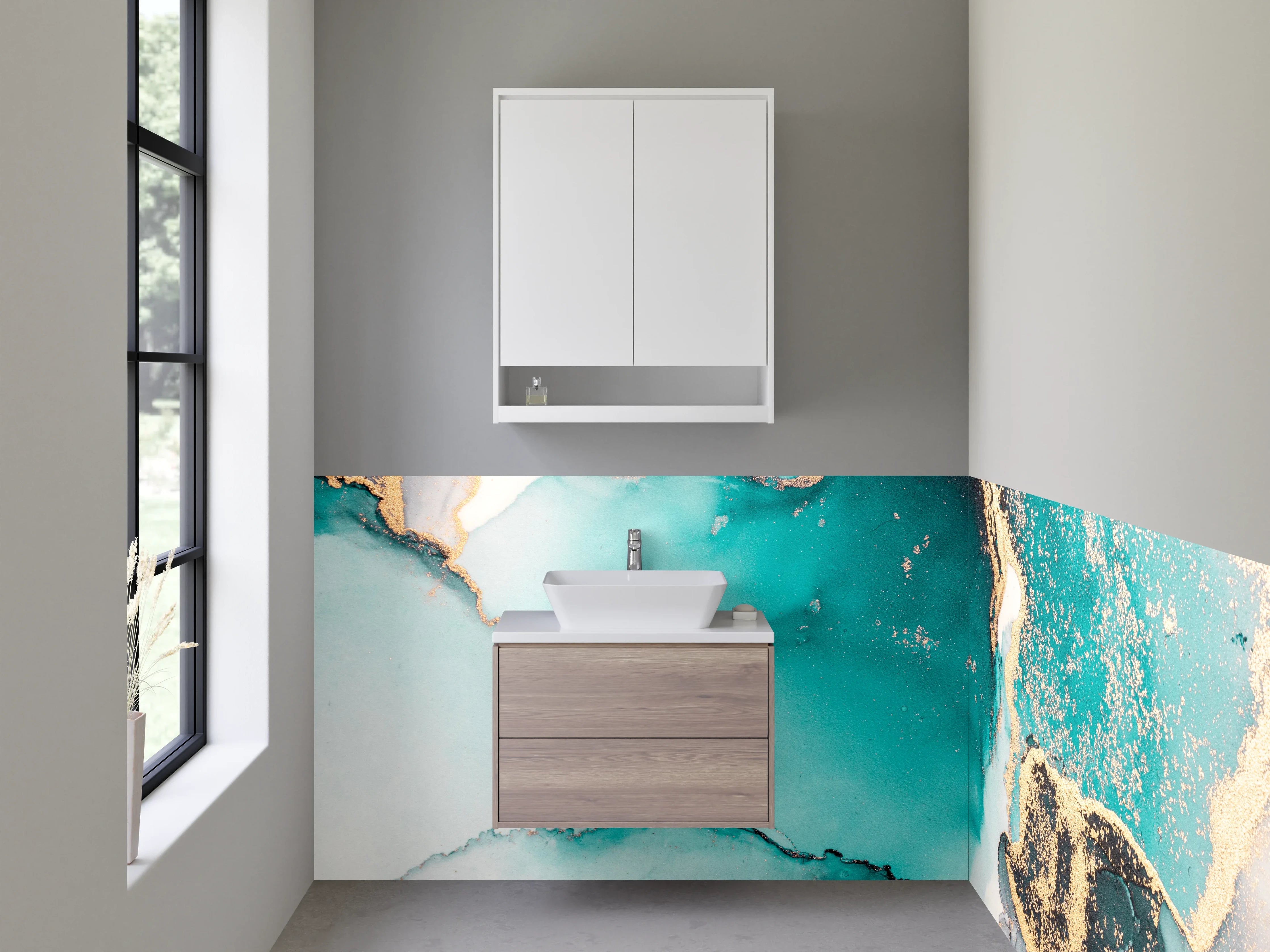 Waschbecken-Rückwand - Abstrakte Aquarelloptik in Türkis und Gold