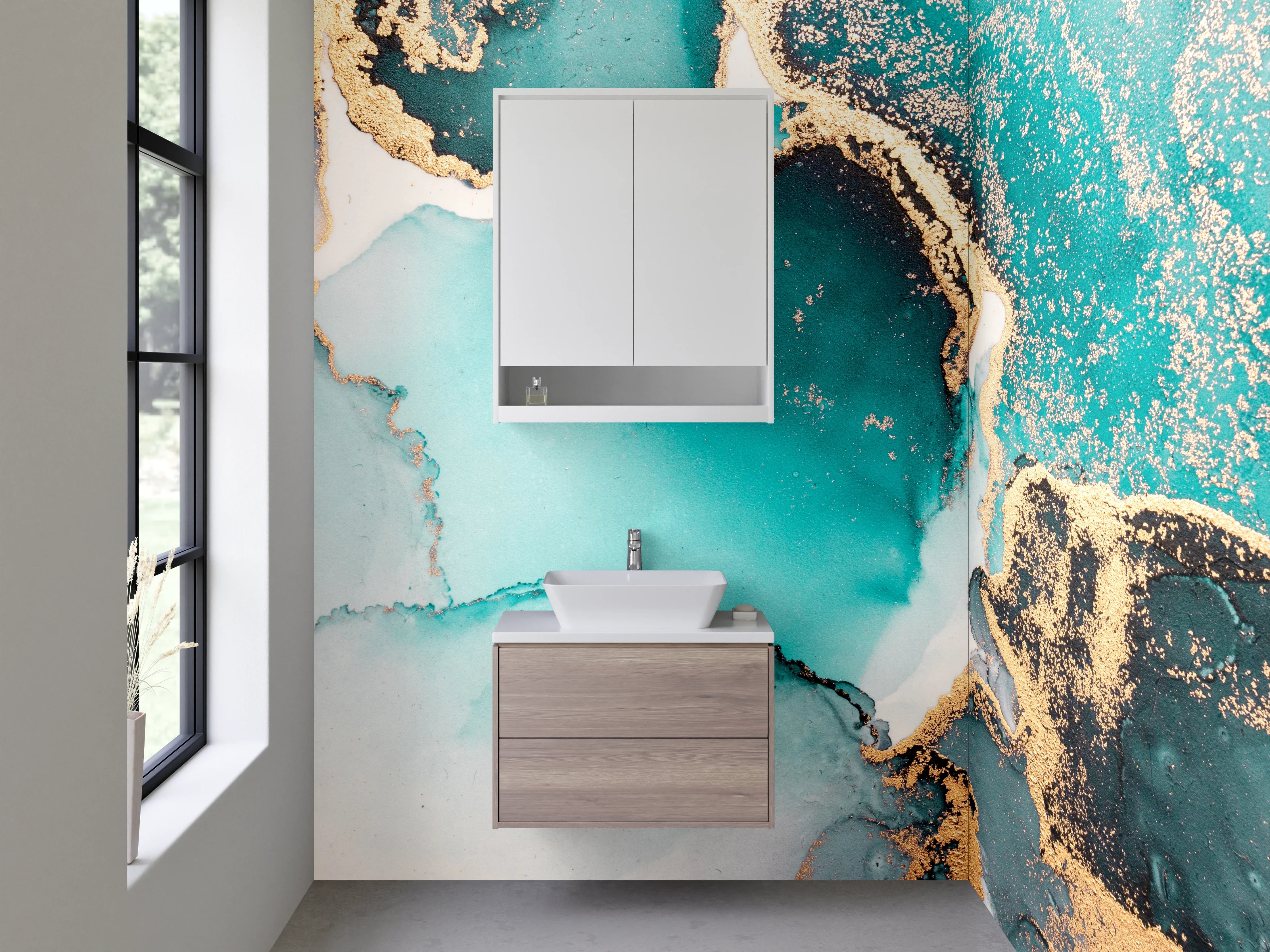 Waschbecken-Rückwand - Abstrakte Aquarelloptik in Türkis und Gold