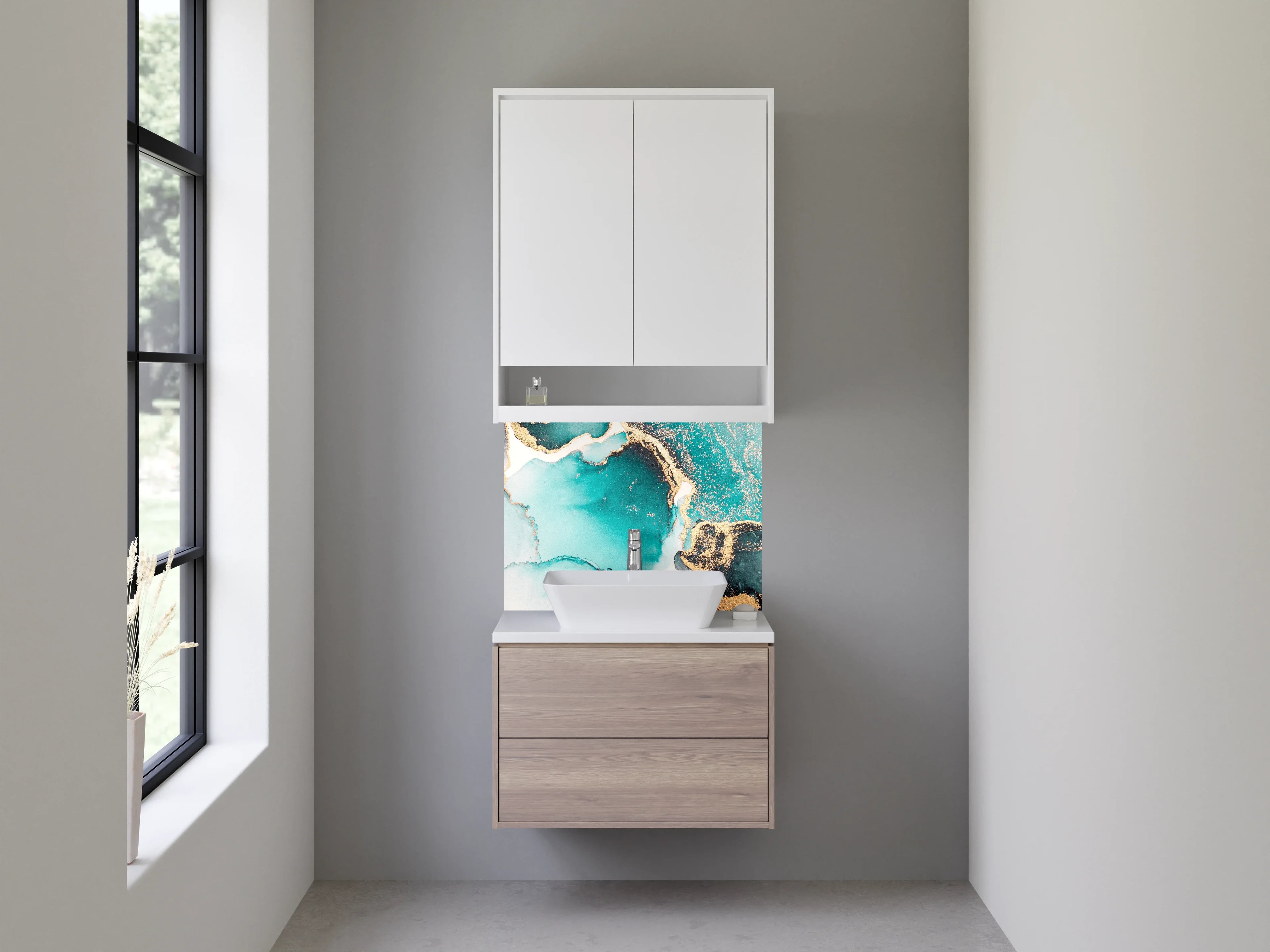 Waschbecken-Rückwand - Abstrakte Aquarelloptik in Türkis und Gold