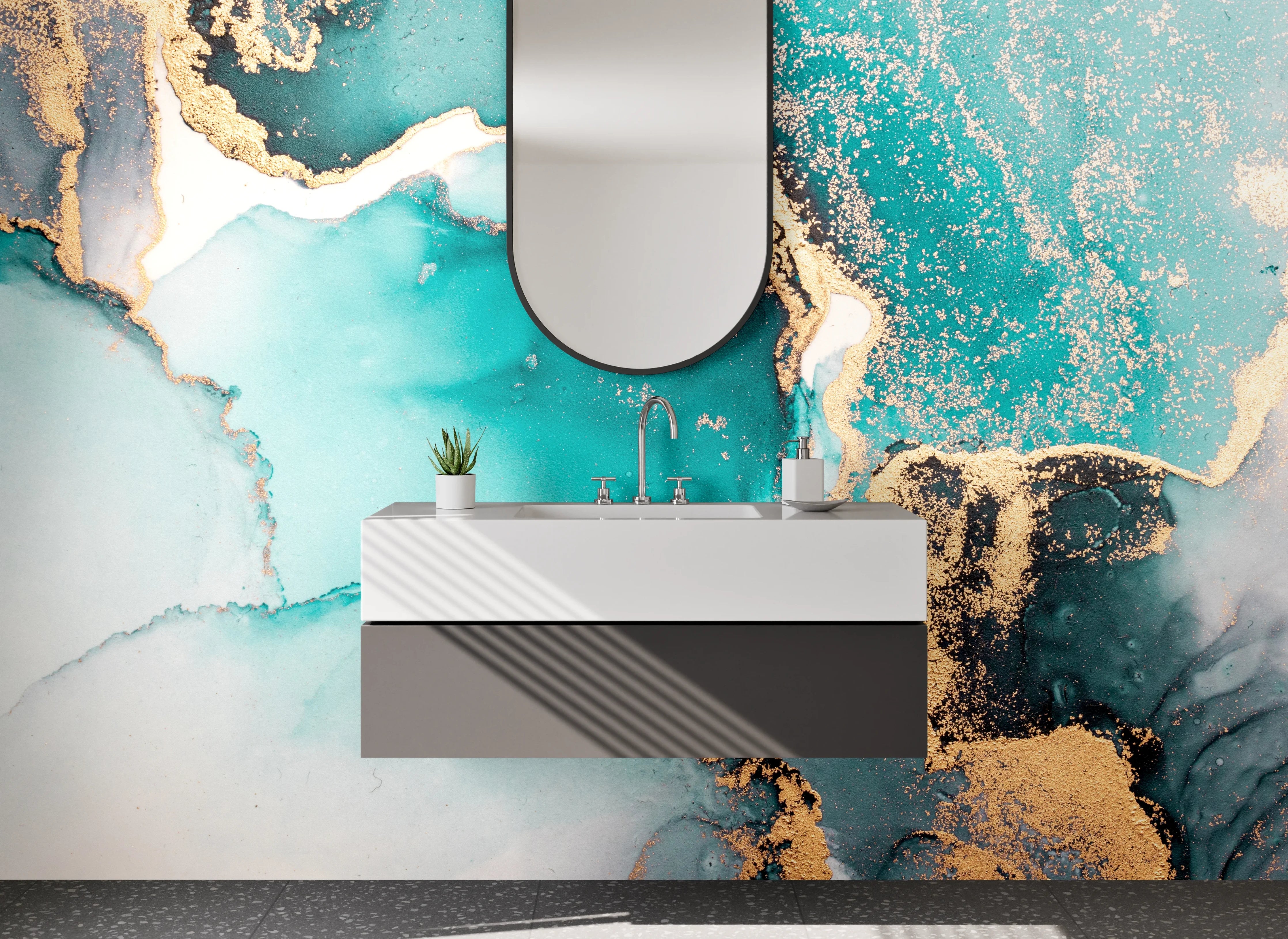 Waschbecken-Rückwand - Abstrakte Aquarelloptik in Türkis und Gold